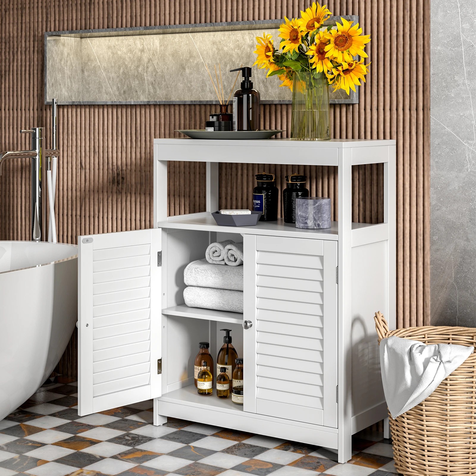 5 Costway Bathroom Storage Cabinet Floor Storage Cupboard w/2 Doors & Open Shelf - White, 5 of 7