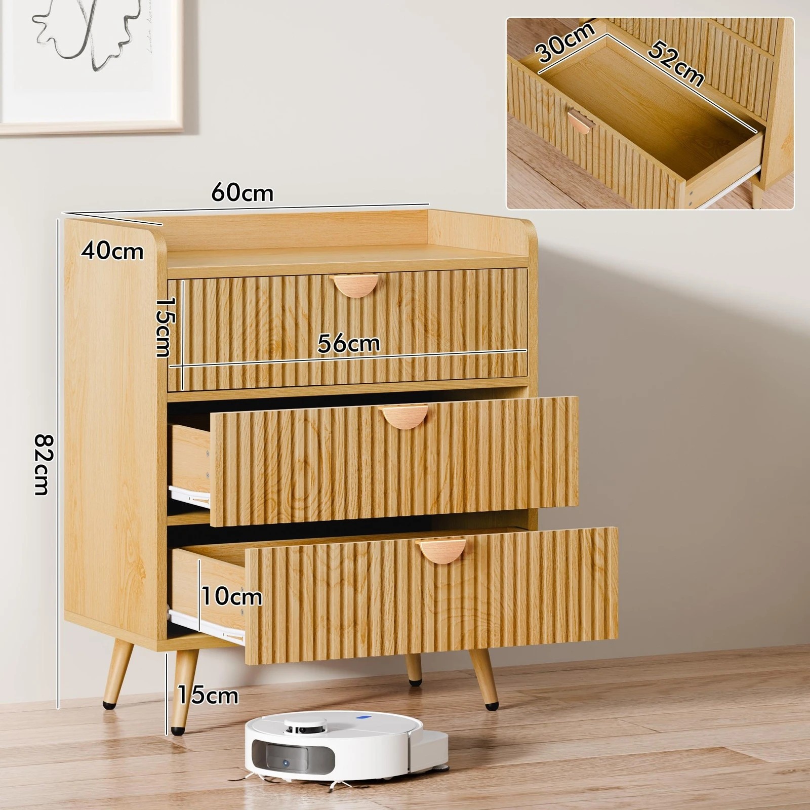 4 Alfordson 3 Chest of Drawers Modern Storage Cabinet Dresser Tallboy - Natural, 4 of 10