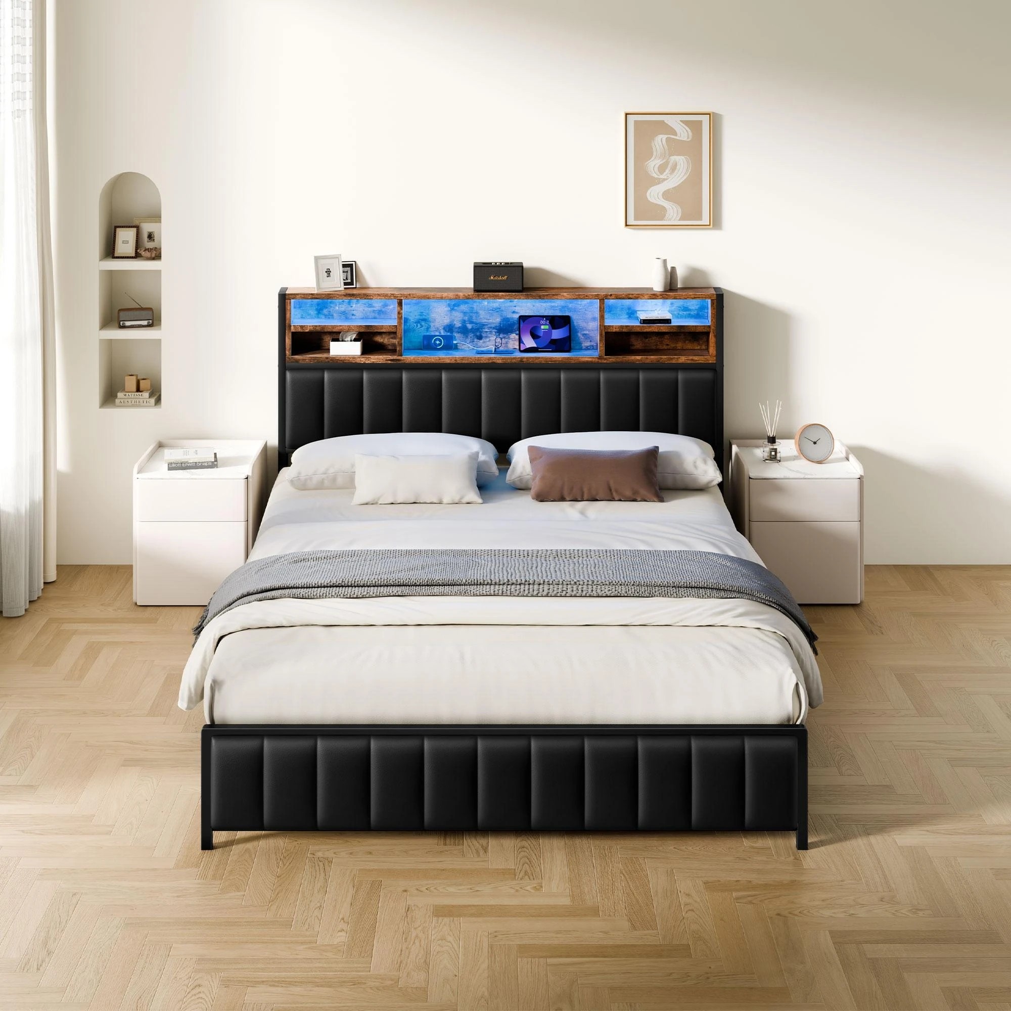 4 Alfordson Bed Frame Double LED Charging Station Leather - Black, 4 of 10