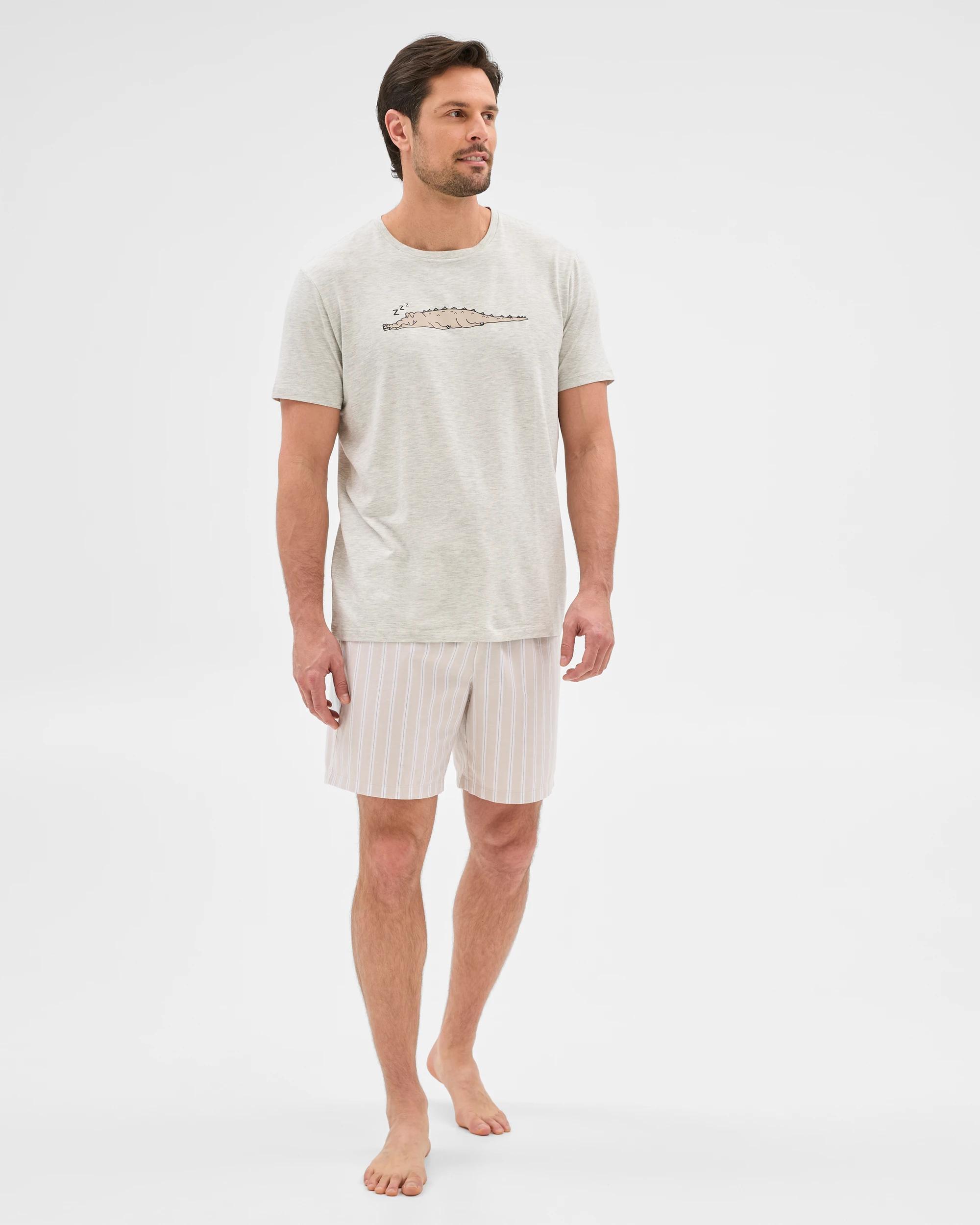 1 Target Mens Australian Cotton Blend Jersey Top Oxford Shorts Pyjama Set GREY MARLE CROC, 1 of 6