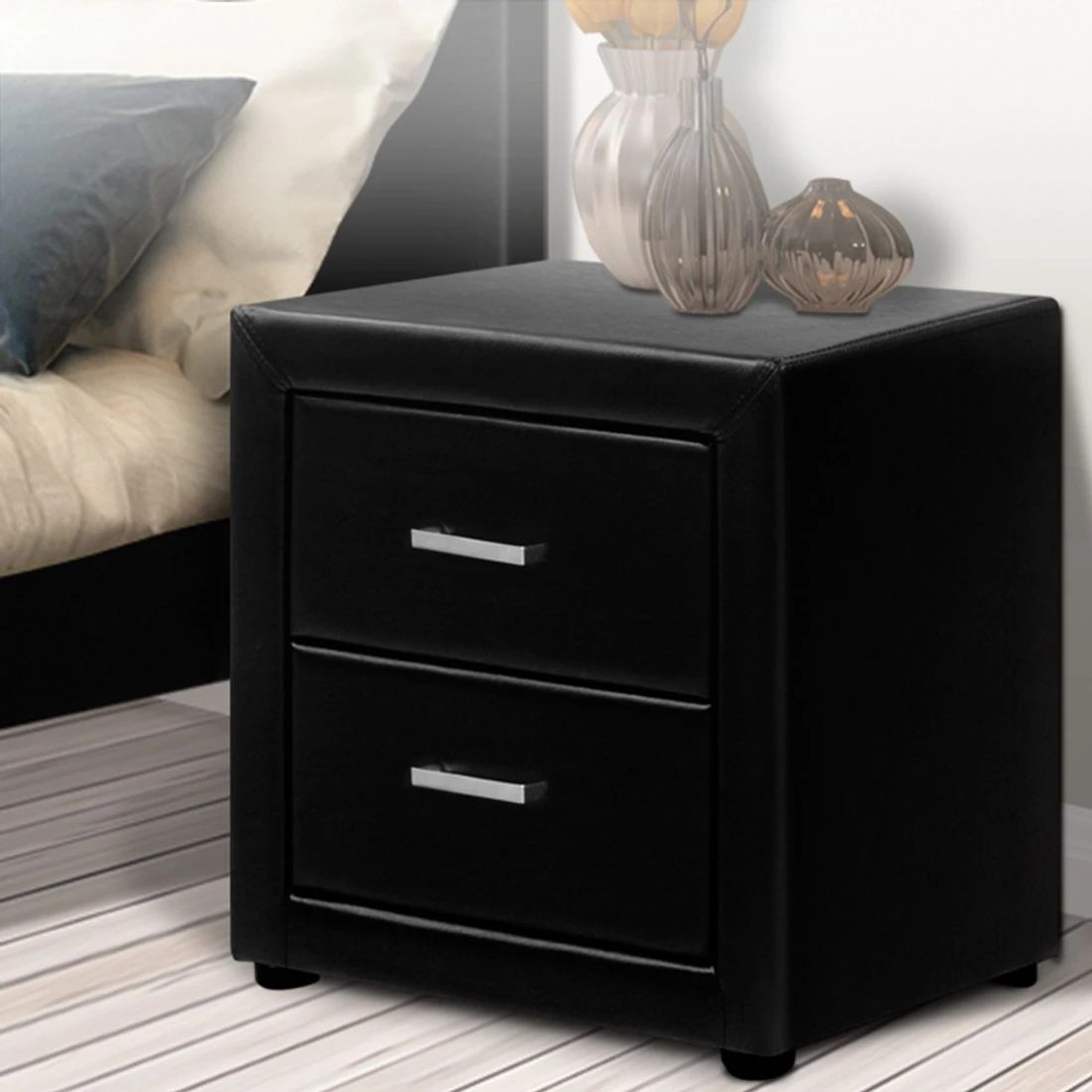 8 Artiss Bedside Table 2 Drawers Side Table Leather - Black, 8 of 10