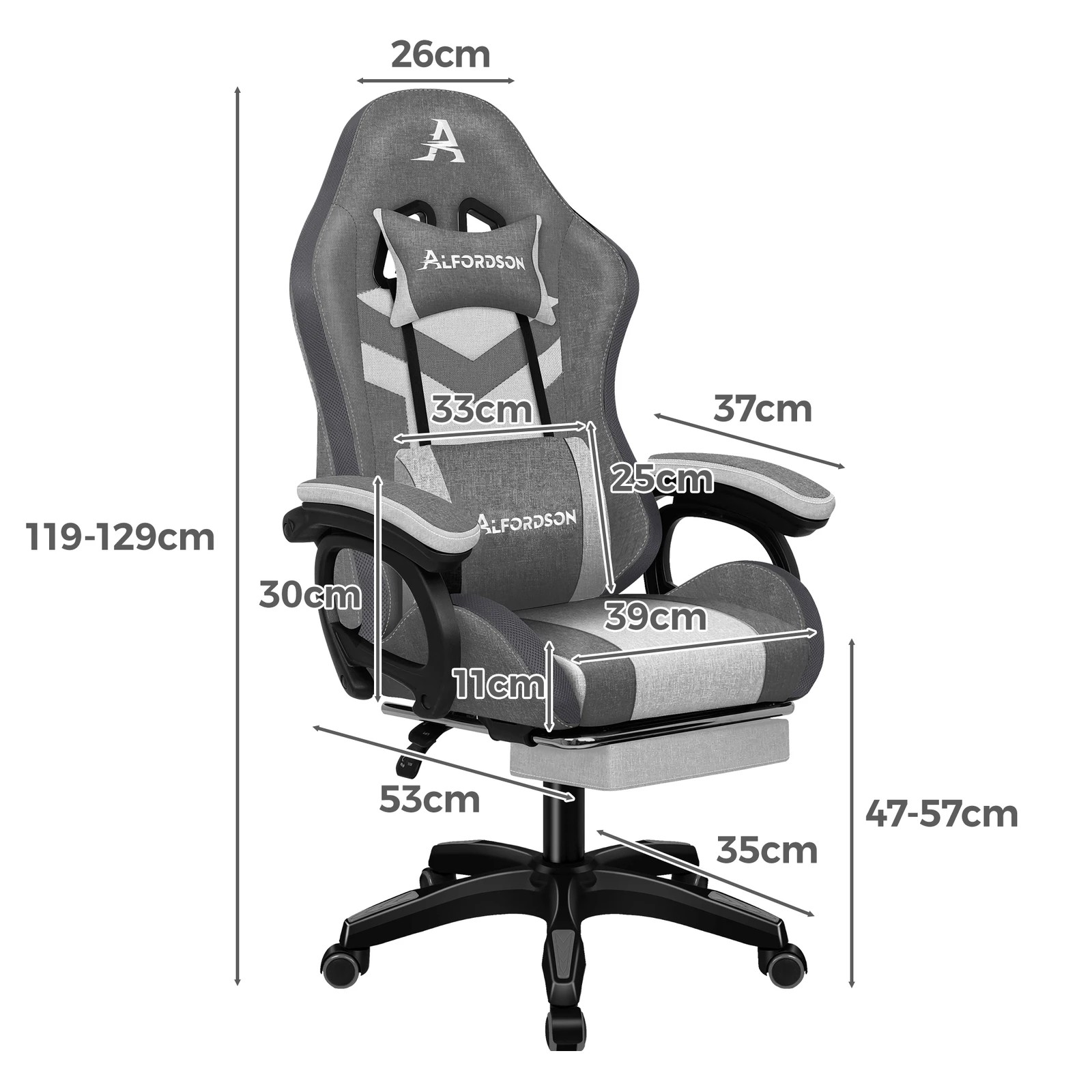 9 Alfordson Gaming Chair Office 12 RGB LED Massage Computer Fabric Seat - Grey, 9 of 10