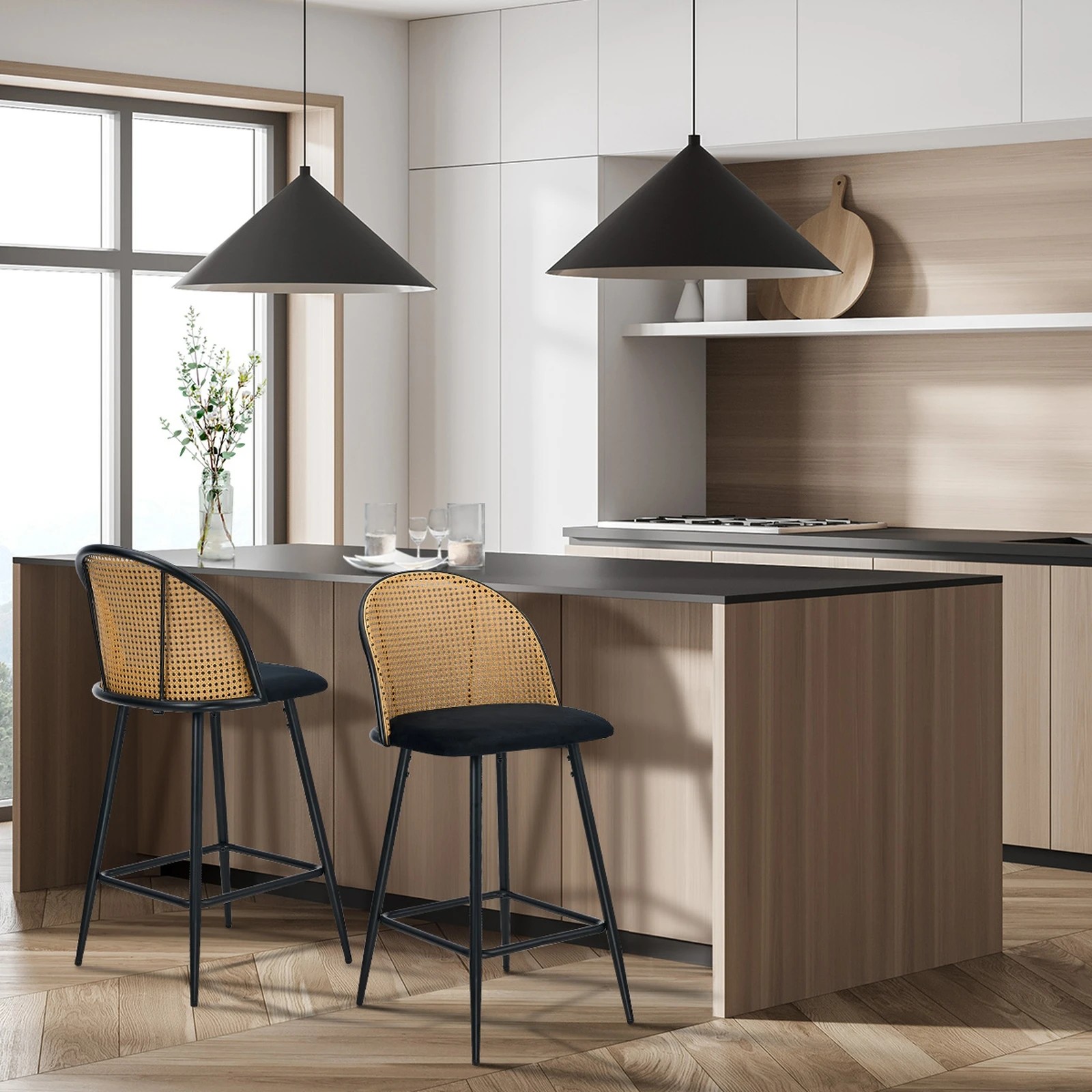 3 Oikiture Bar Stools Kitchen Counter Stool Rattan Dining Chair Velvet X2
 - Black, 3 of 10