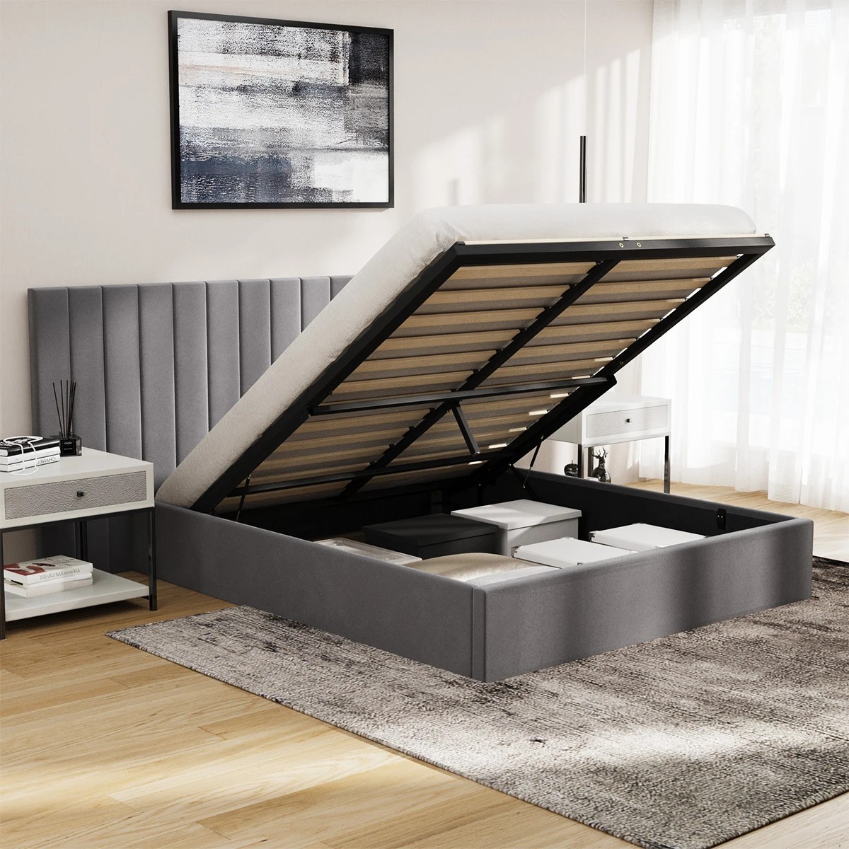 5 Oikiture Queen Bed Frame Gas Lift Base With Storage Oversized Headboard - Grey, 5 of 7