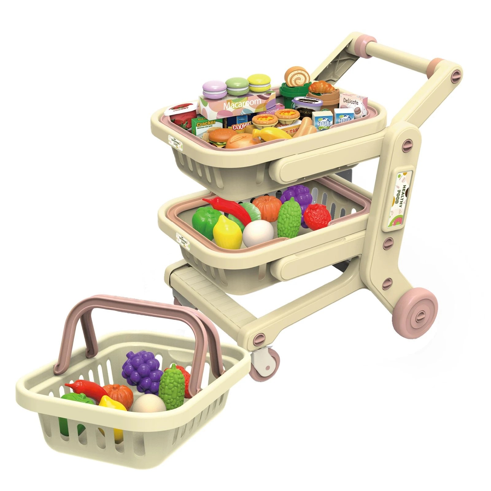 4 Ausway Childrens Supermarket Playset Trolley with 2 Detachable Baskets & 33 Pretend Play Food Accessories, 4 of 7