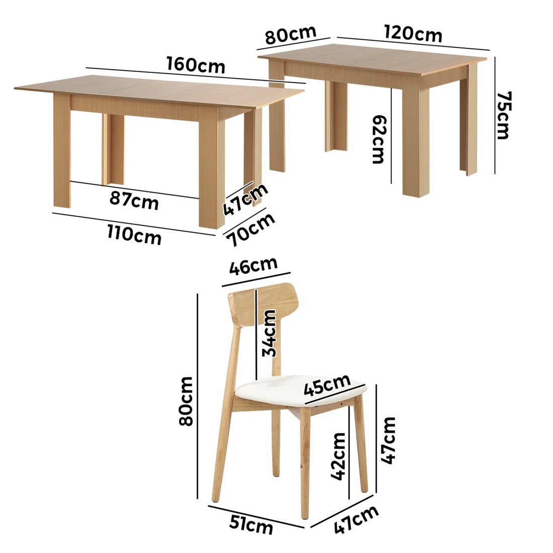 2 Oikiture 160cm Extendable Dining Table with 6x Dining Chairs PU Leather - Natural, 2 of 9