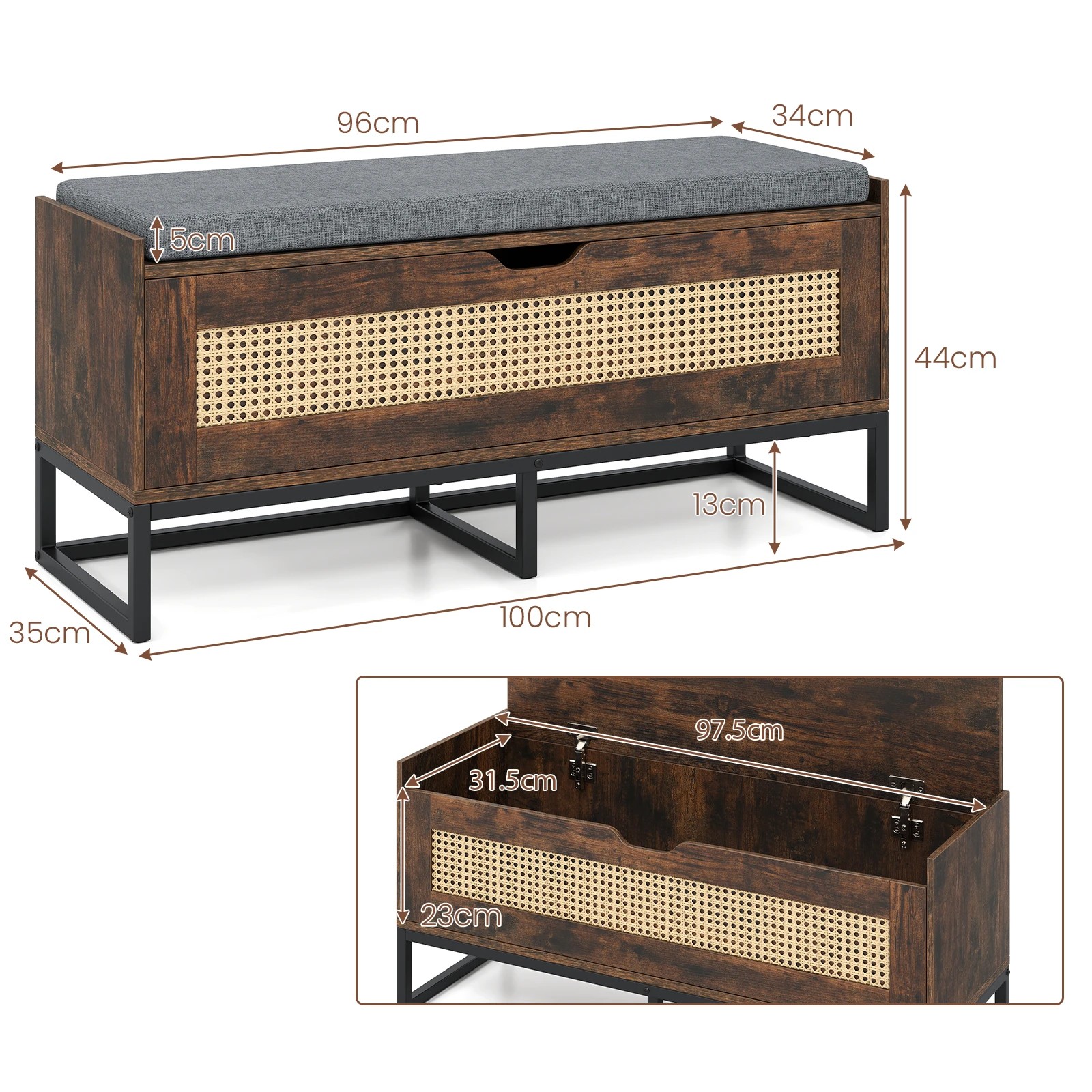 5 Costway 100cm Shoe Bench Cabinet Rattan Storage Chest Hallway Flip Top Box Padded Seat - Brown, 5 of 5