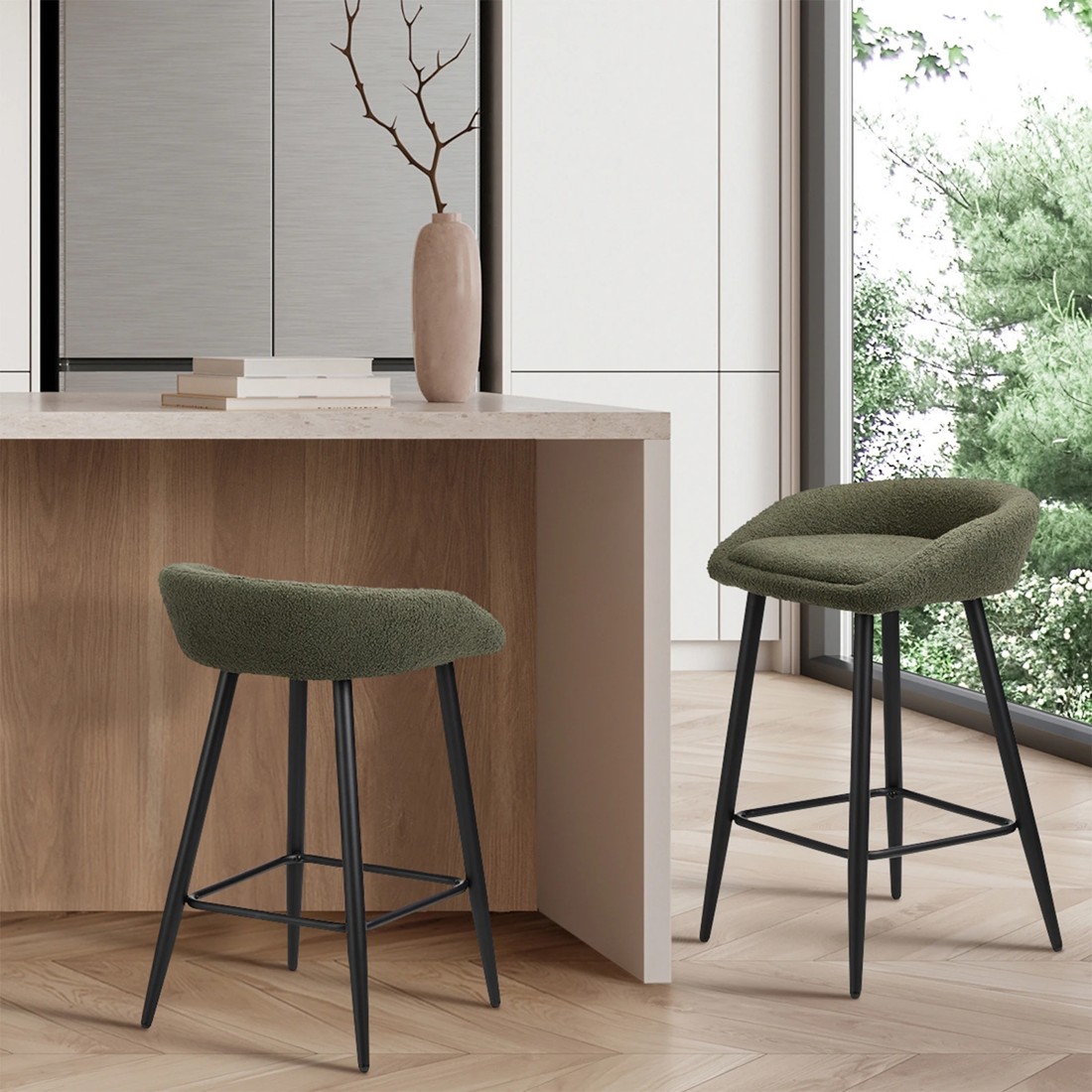3 Oikiture Bar Stools Set Of 2 Kitchen Dining Chairs Counter Stools Boucle
 - Green, 3 of 10