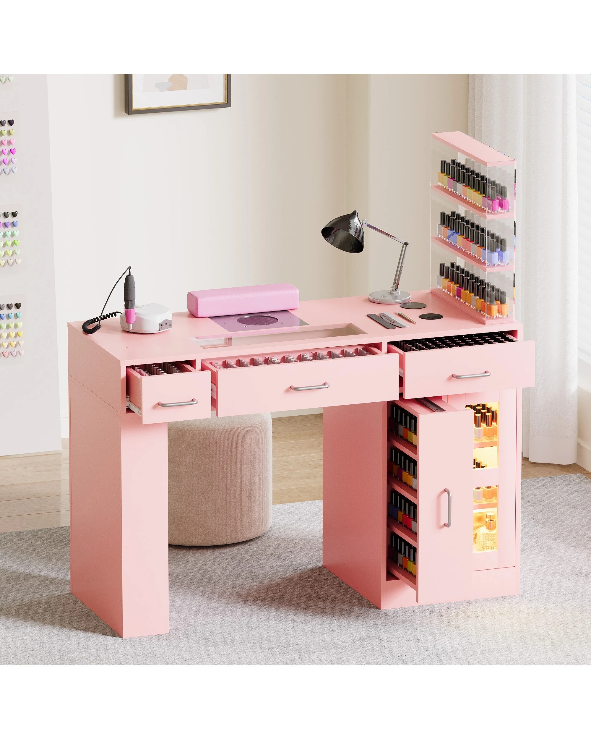 8 Advwin Vanity Nail Desk Manicure Table w/Glass Top Drawer Dust Collector Wireless Charging LED Light - Pink, 8 of 9