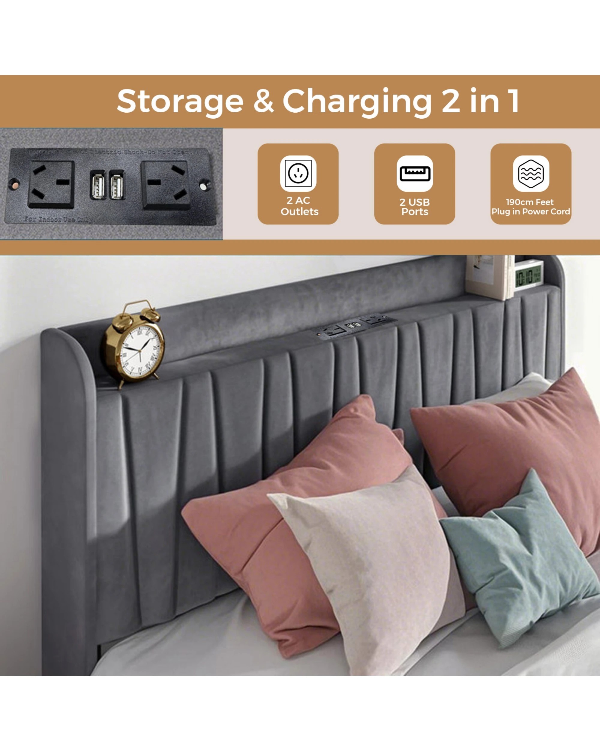 4 Advwin Queen Bed Frame With 4 Storage Drawers & Charging Station Grey, 4 of 7