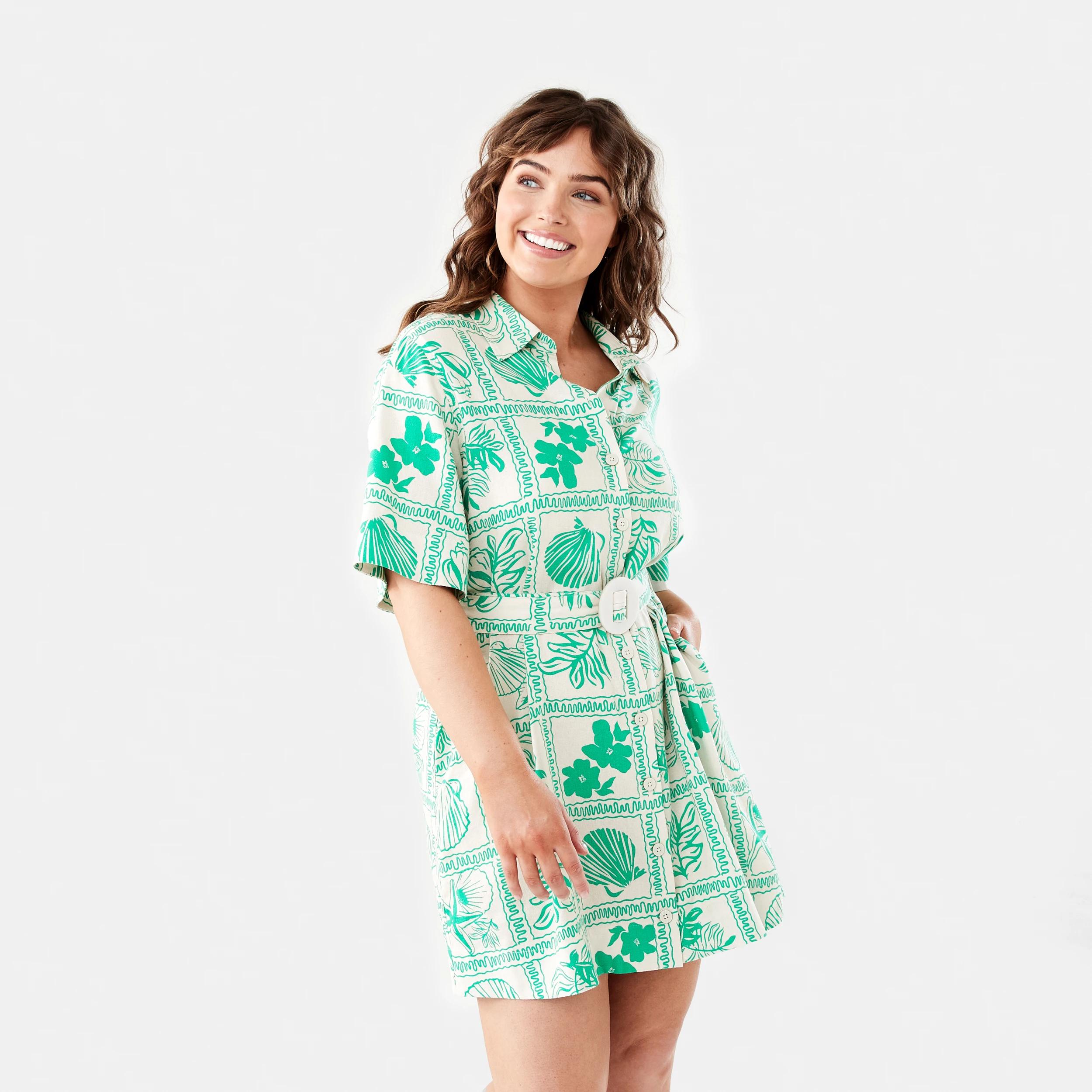 3 Short Sleeve Belted Mini Shirt Dress SHELL GEO SIMPLY GREEN, 3 of 8