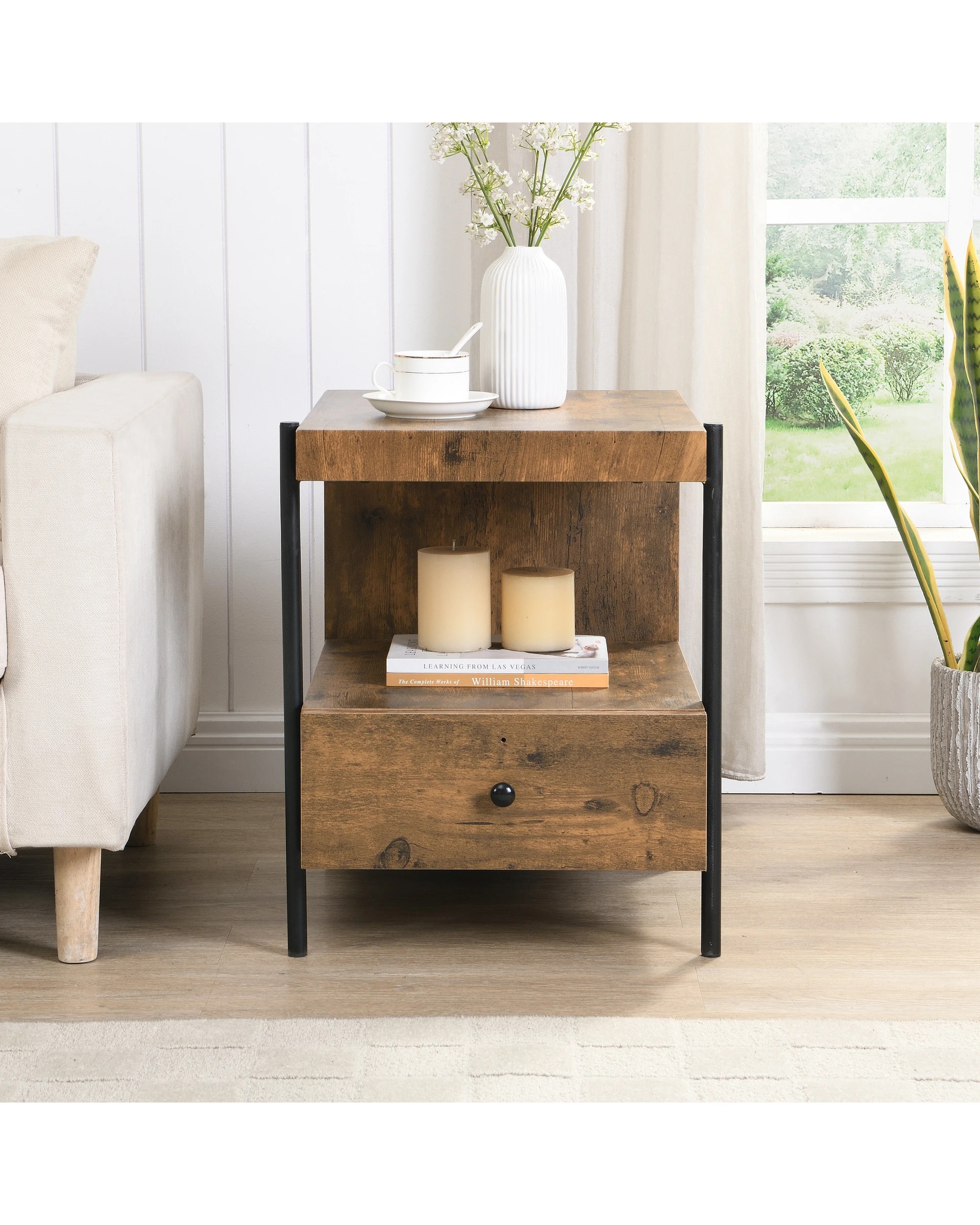 3 IHOMDEC Side Table with Drawer Metal Tube and Wood, 3 of 5