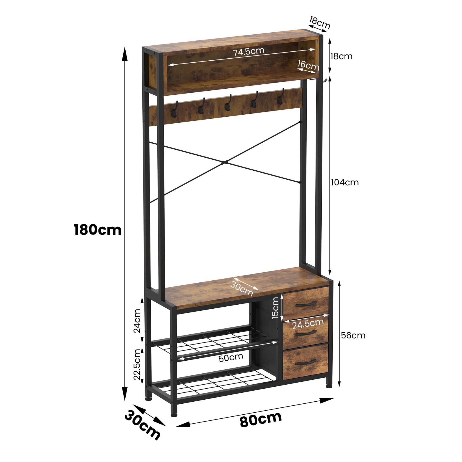 3 Advwin Entryway Coat Rack with Storage Bench 2-Tier Shoe Rack - Brown, 3 of 9