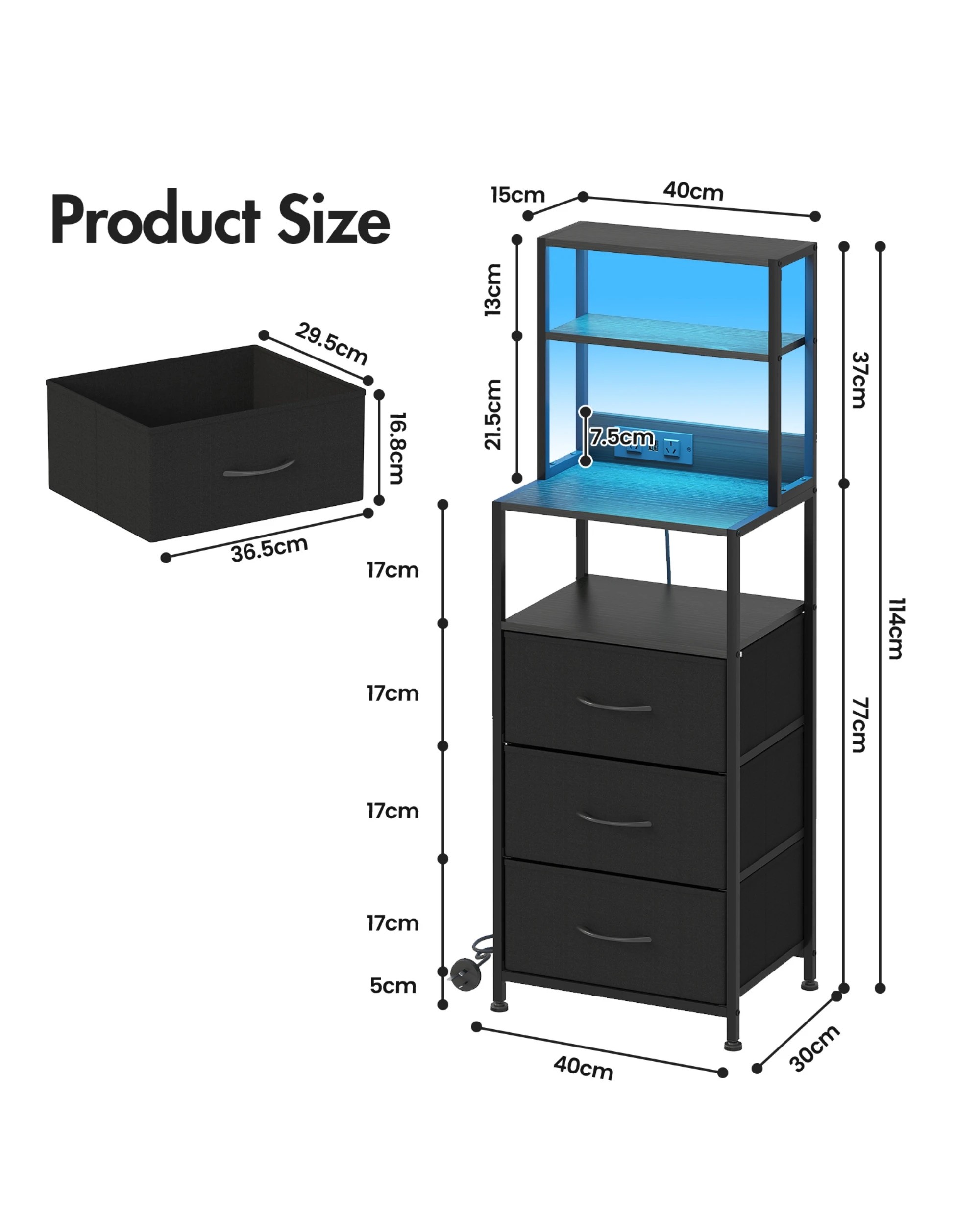 3 Advwin Led Bedside Table With Charging Station 3 Fabric Drawers Nightstand
 - Black, 3 of 9