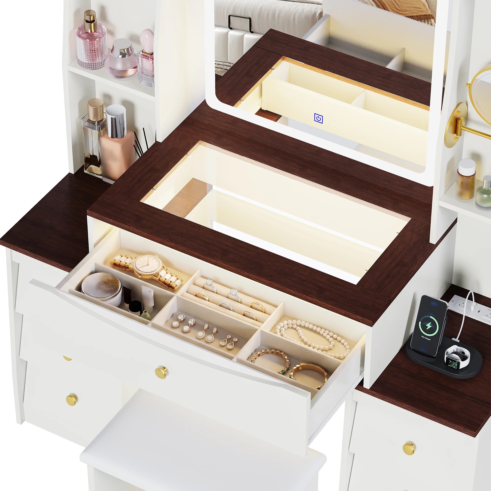 5 Advwin LED Vanity Desk with Mirror and Charging Hub - White, 5 of 10