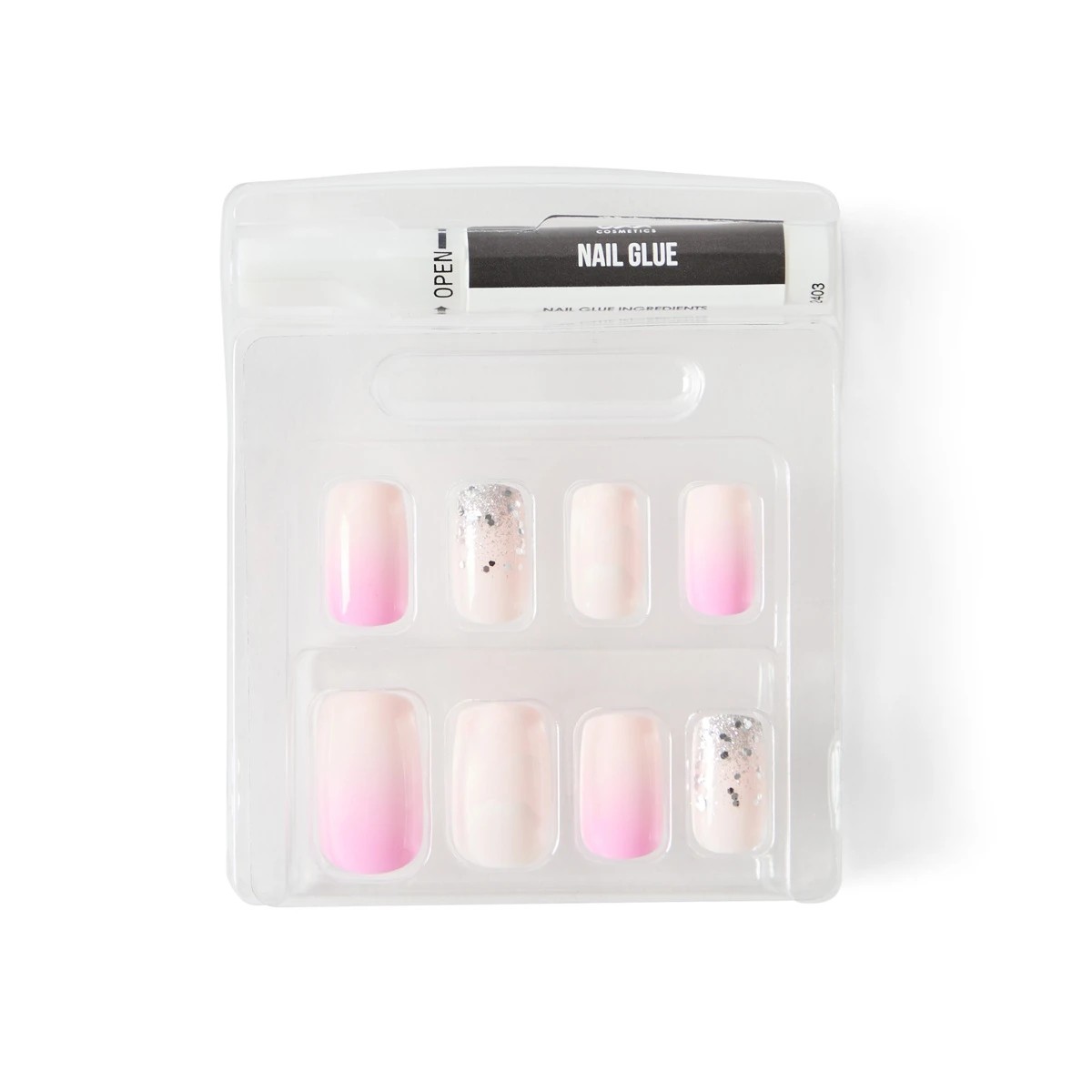 4 OXX Cosmetics 24 Pack Artificial Nails with Adhesive - Medium Square Shape, Pink Ombre and Silver Glitter, 4 of 5
