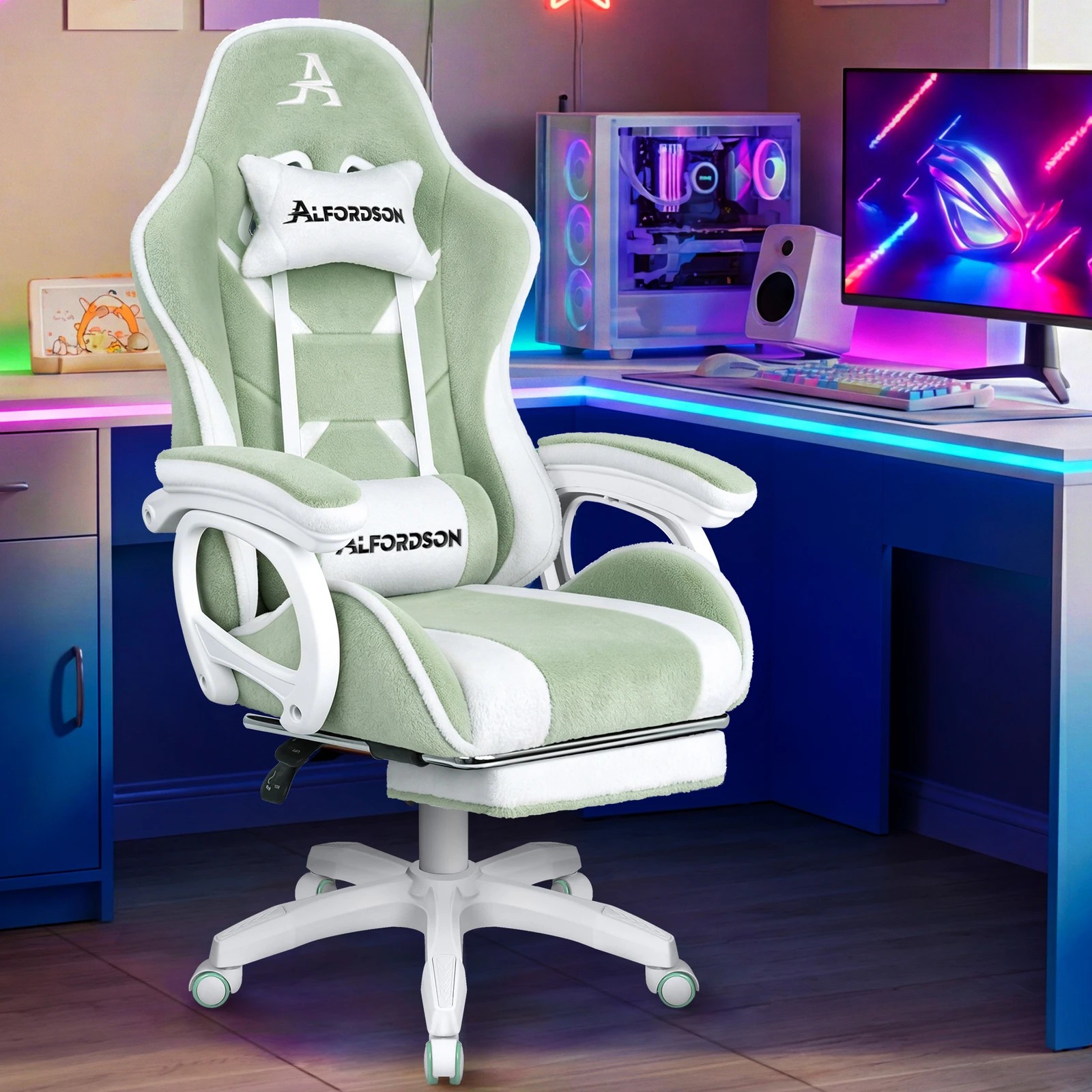 4 Alfordson Gaming Office Chair Racing Massage Computer Seat Footrest Sherpa Fleece - Green, 4 of 10