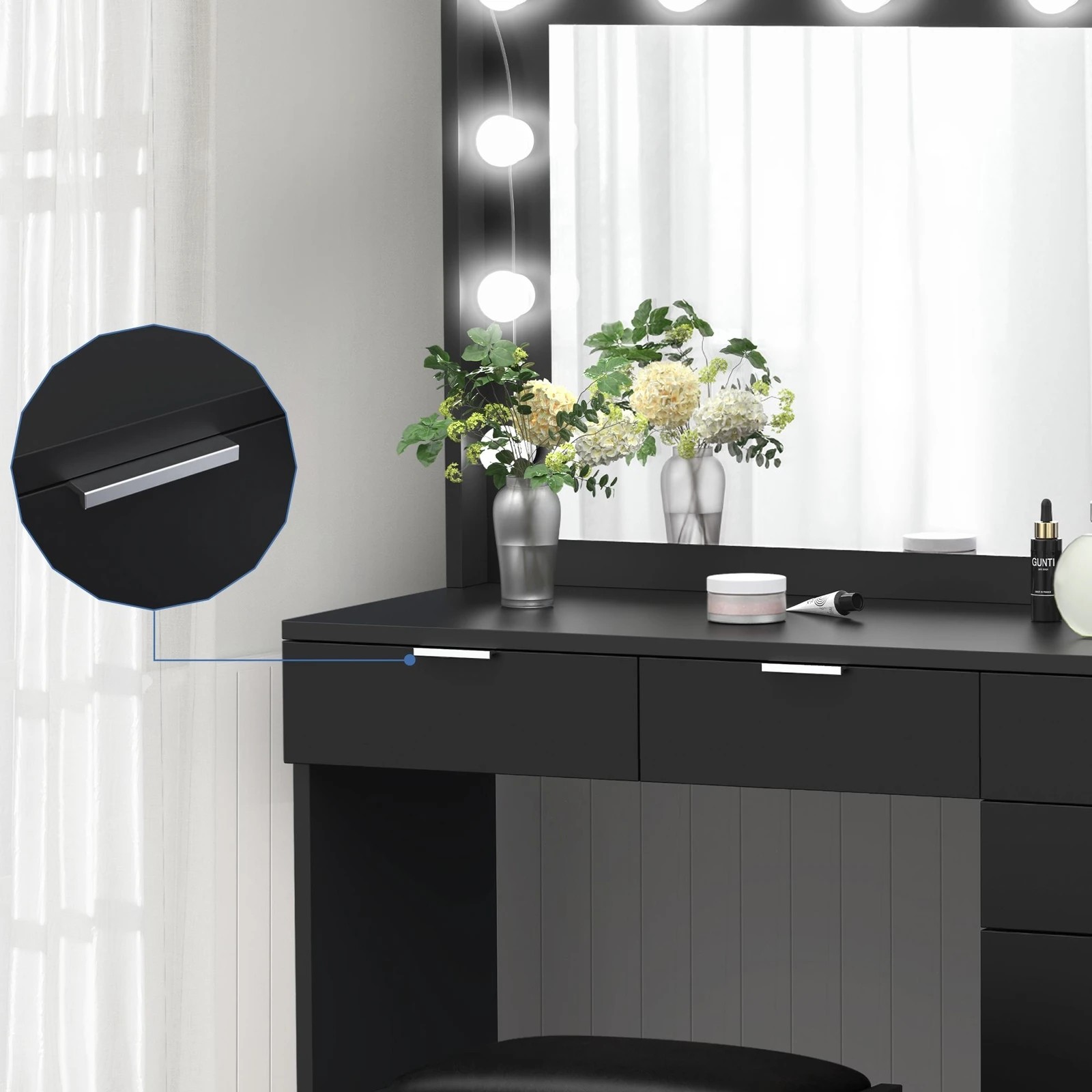 3 Alfordson Dressing Table Stool Set Makeup Mirror Desk 12 LED Bulbs - Black, 3 of 10