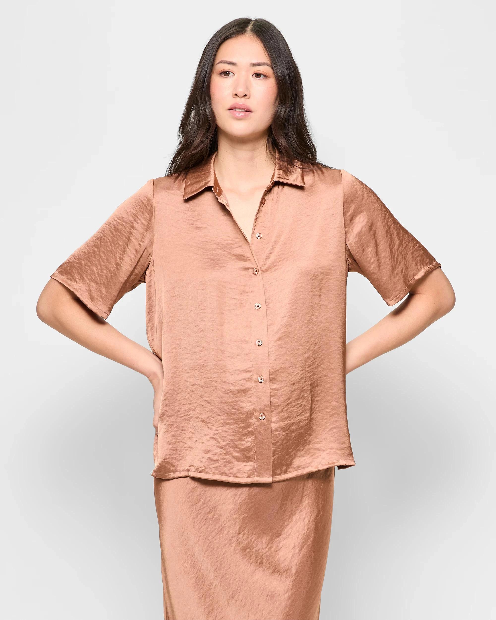 1 Crushed Satin Shirt - Preview TAWNY BROWN, 1 of 5