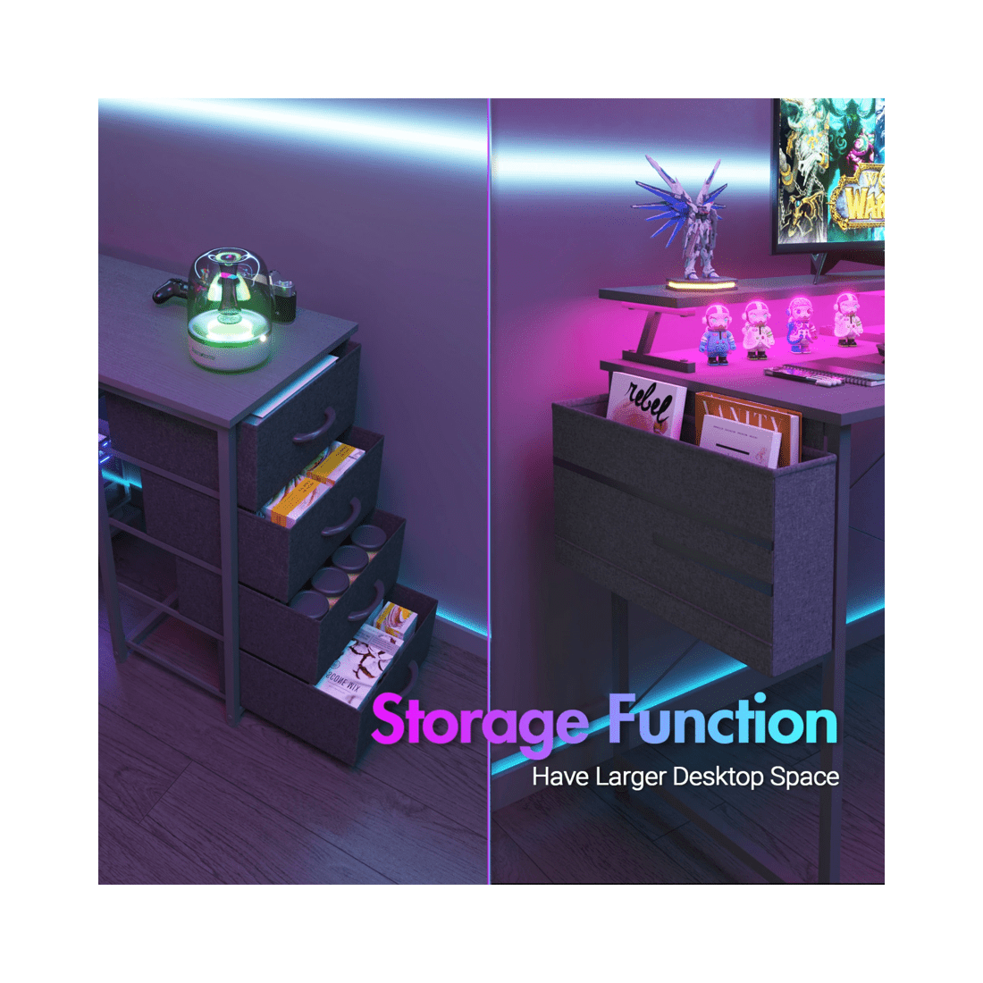 5 Advwin 160cm Black L Shaped Gaming Desk With Led Lights & Power Outlets Convertible Computer Desk With Monitor Stand, 5 of 10