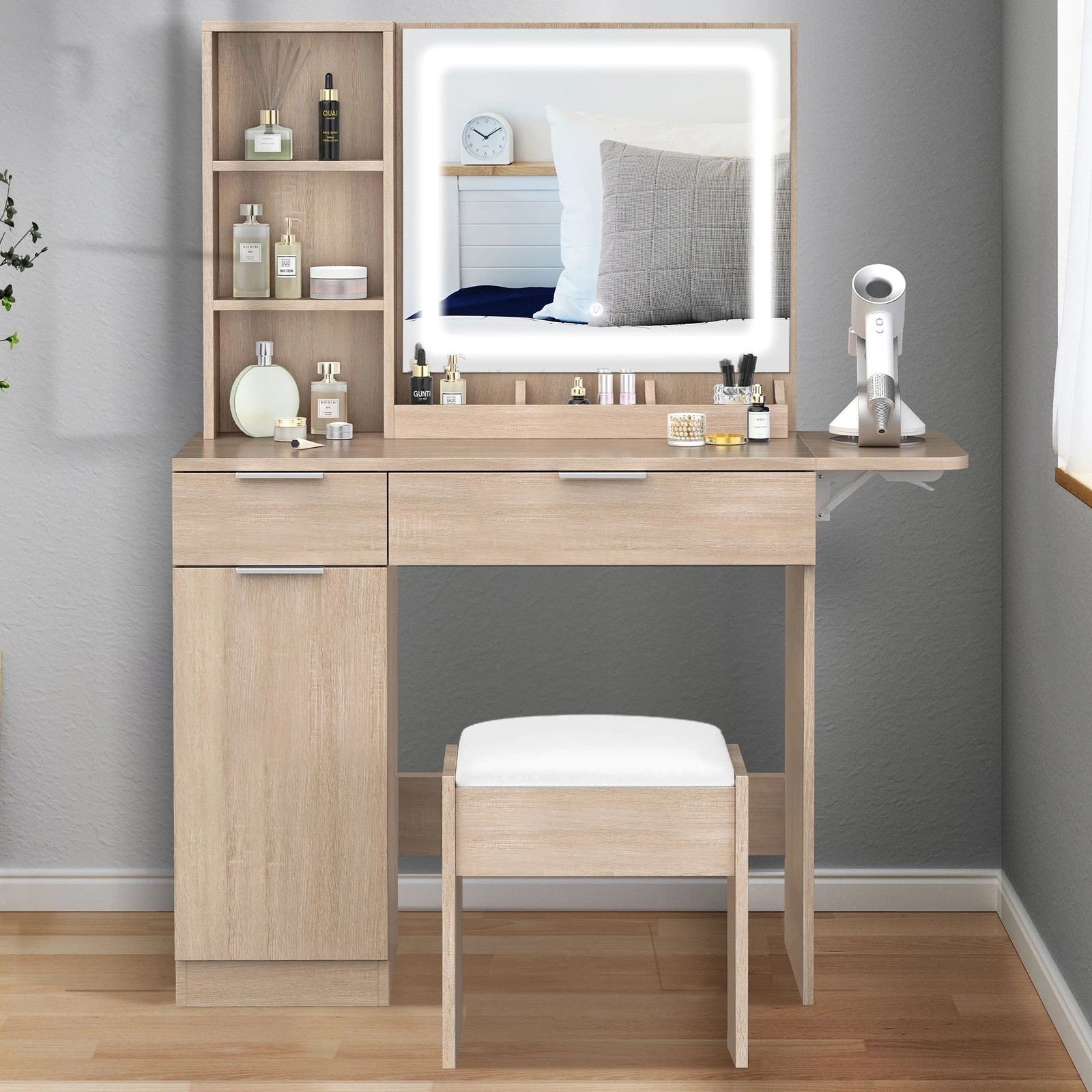 2 Alfordson Dressing Table Stool Set LED Vanity Desk Makeup Mirror Drawers - Wood, 2 of 10