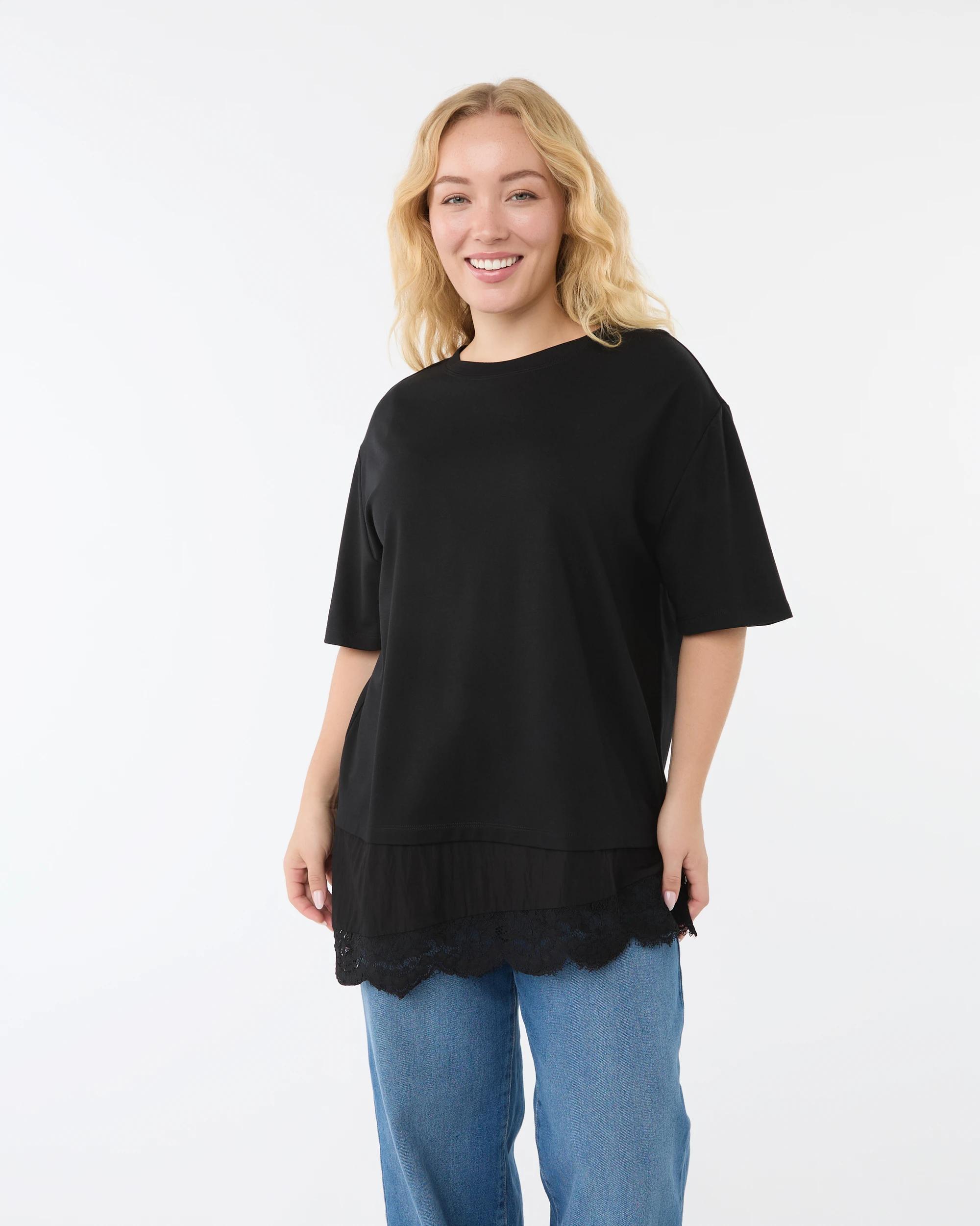 1 Short Sleeve Elevated Lace Trim T-Shirt Black, 1 of 6