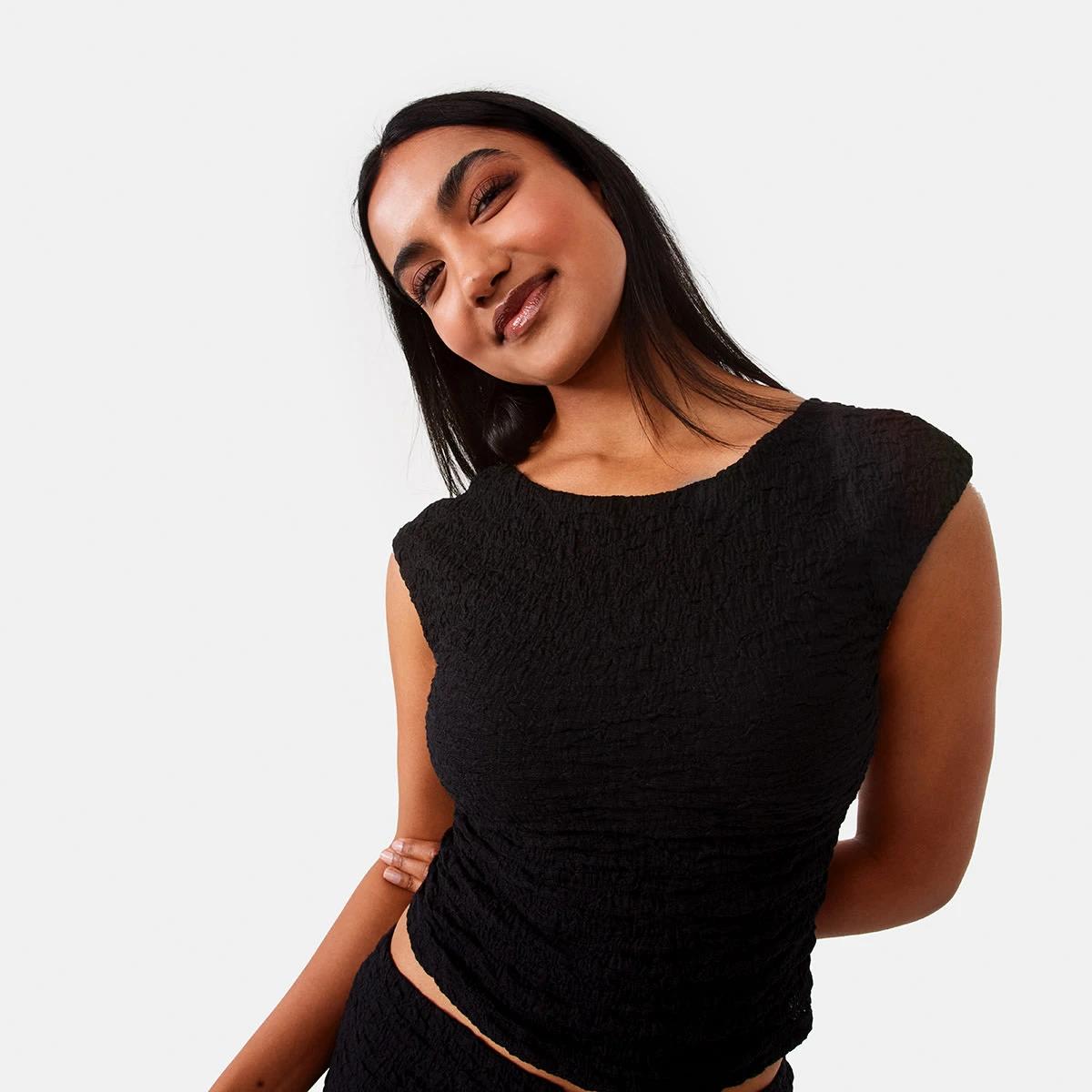 1 Sleeveless Textured Open Back Top Black, 1 of 8