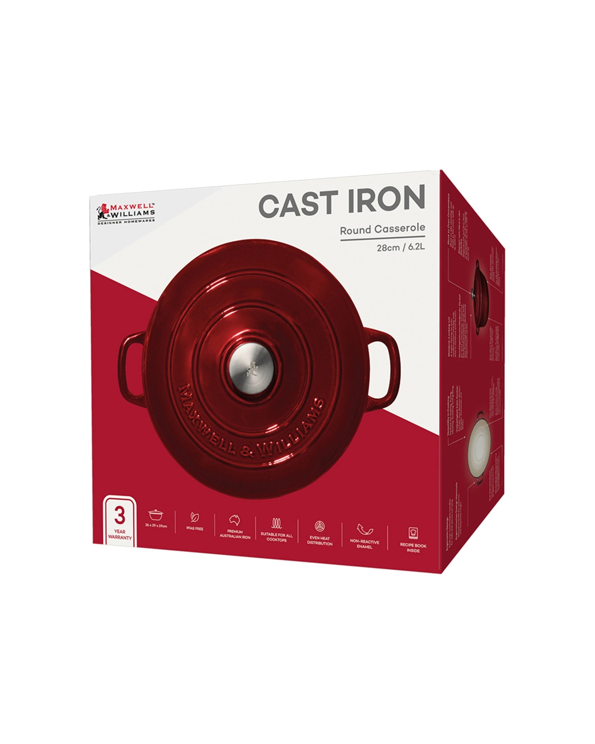 4 Maxwell & Williams Cookware Cast Iron Round Casserole 28cm 6.2l Oven Safe
 - Burgundy, 4 of 4