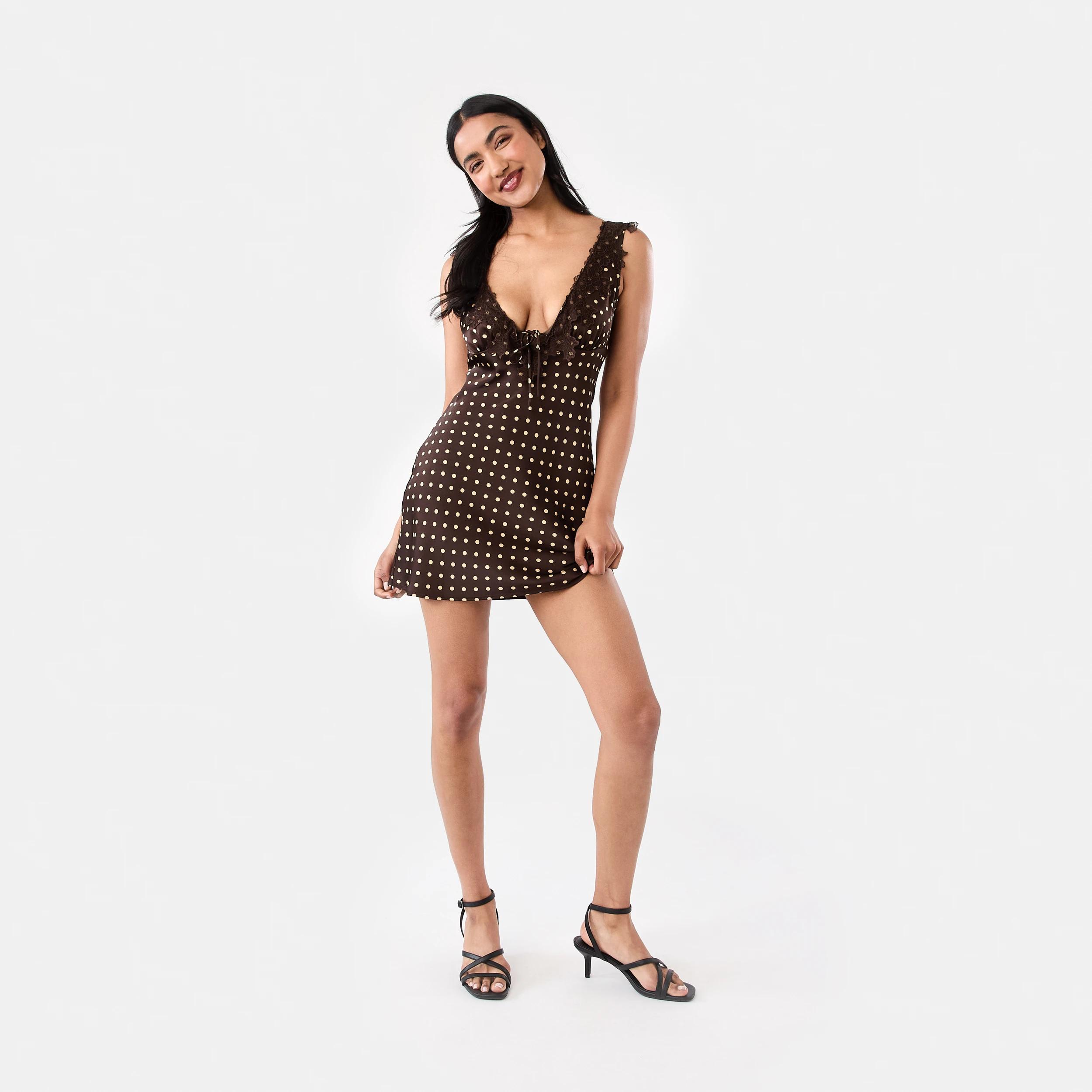 2 Satin Tie Mini Dress Brown Dot, 2 of 7