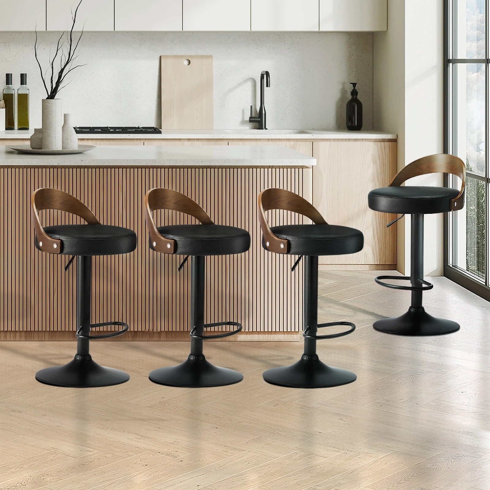 2 Oikiture Set Of 4 Kitchen Bar Stools Gas Lift Swivel Chairs Stool Wooden Leather
 - Black, 2 of 7