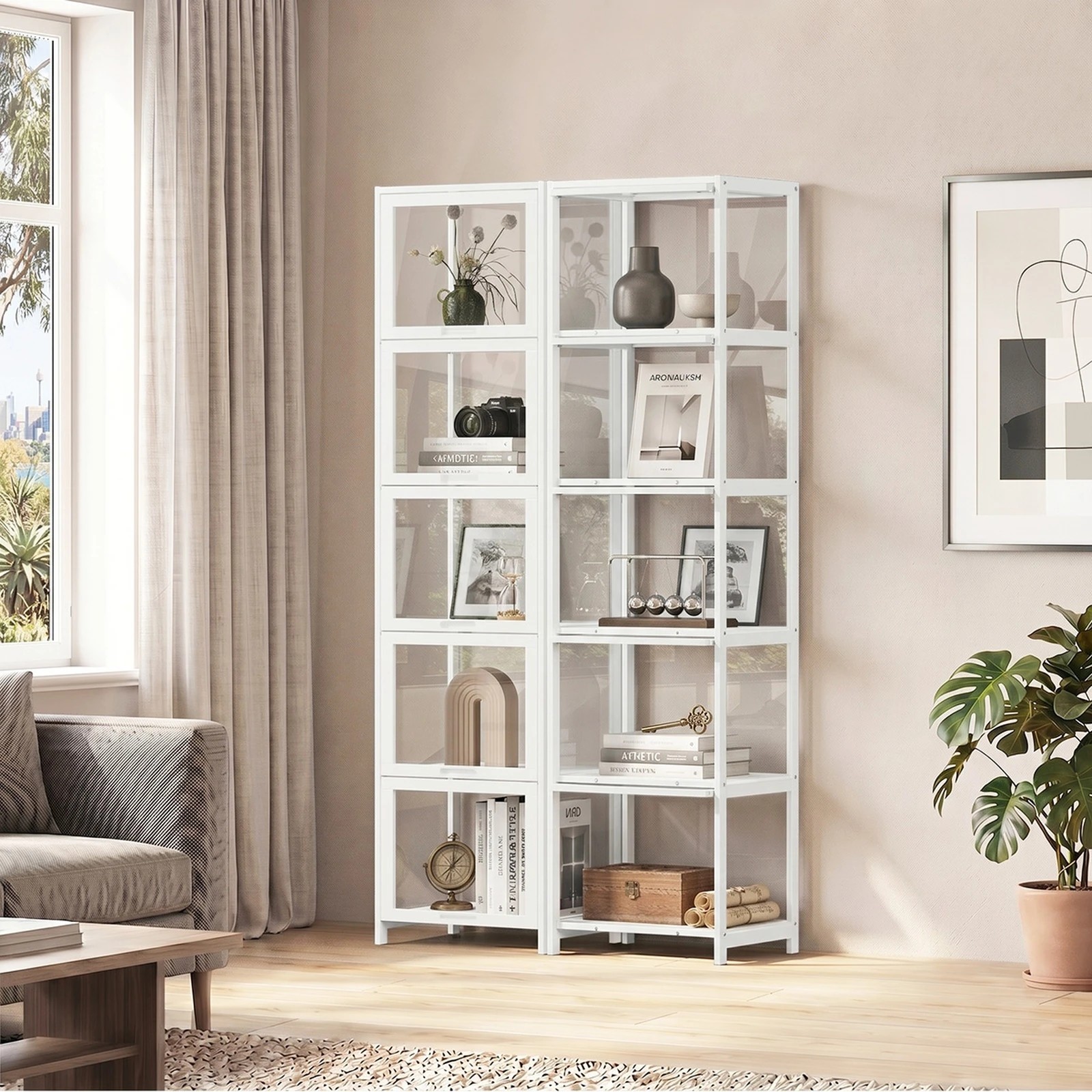 4 Oikiture Display Cabinet Storage 5-Tier Shelves Bookcase Clear Stand Rack - White, 4 of 8