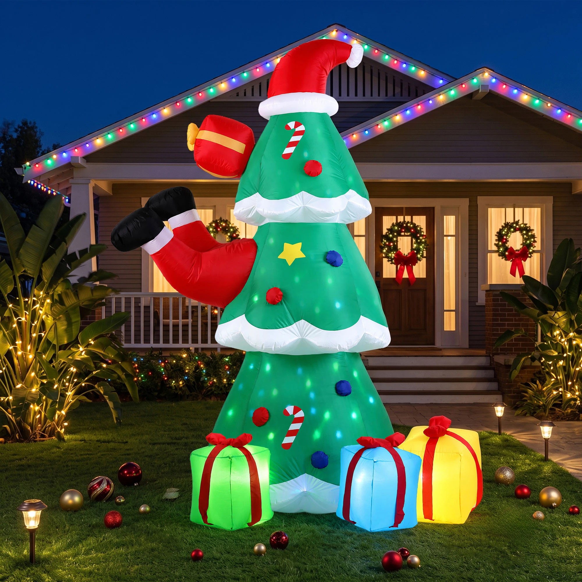 2 Jingle Jollys Christmas Inflatable Santa Tree 2.5M Height Flashing Light Decorations Illuminated - Multi, 2 of 9