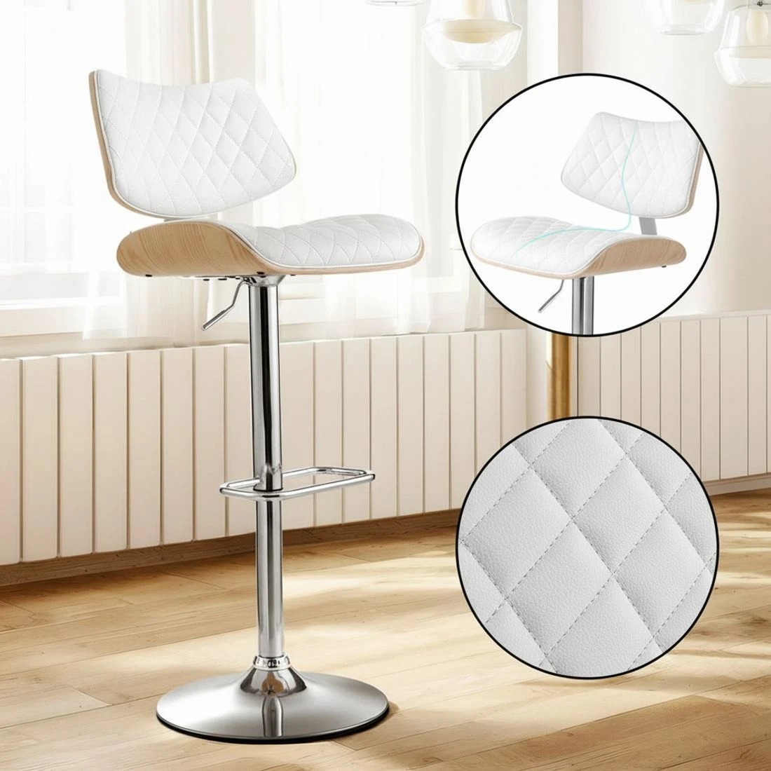 4 Artiss Bar Stools Kitchen Dining Chairs Gas Lift Stool Wooden Leather - White, 4 of 4