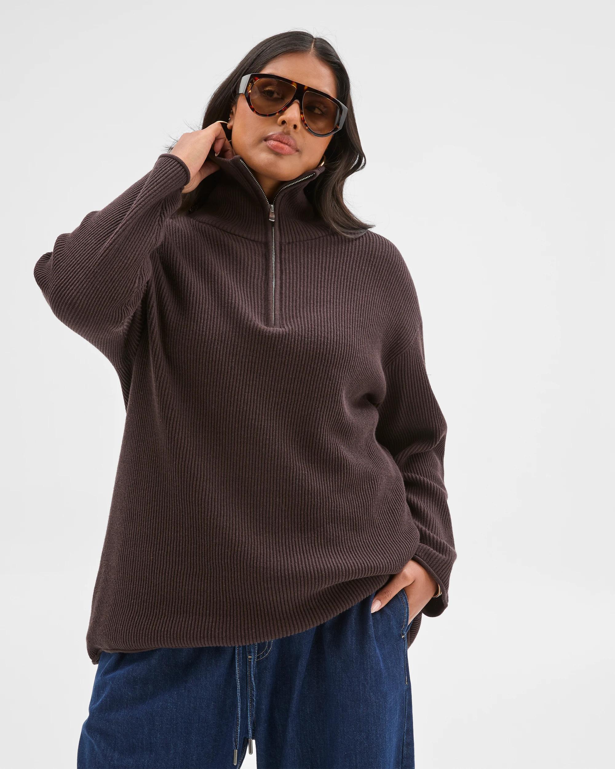 1 Target Curve Plus Size Australian Cotton Blend 1/4 Zip Jumper BRUNETTE, 1 of 6