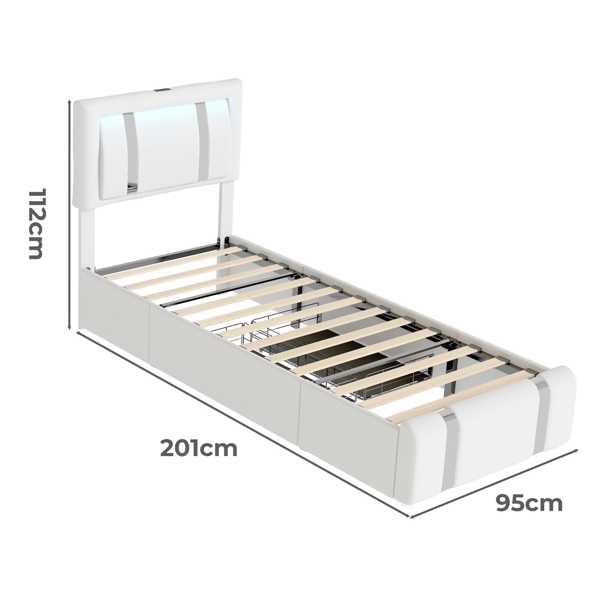 3 Levede Single Bed Frame PU with LED USB and 2 Drawers - White, 3 of 9