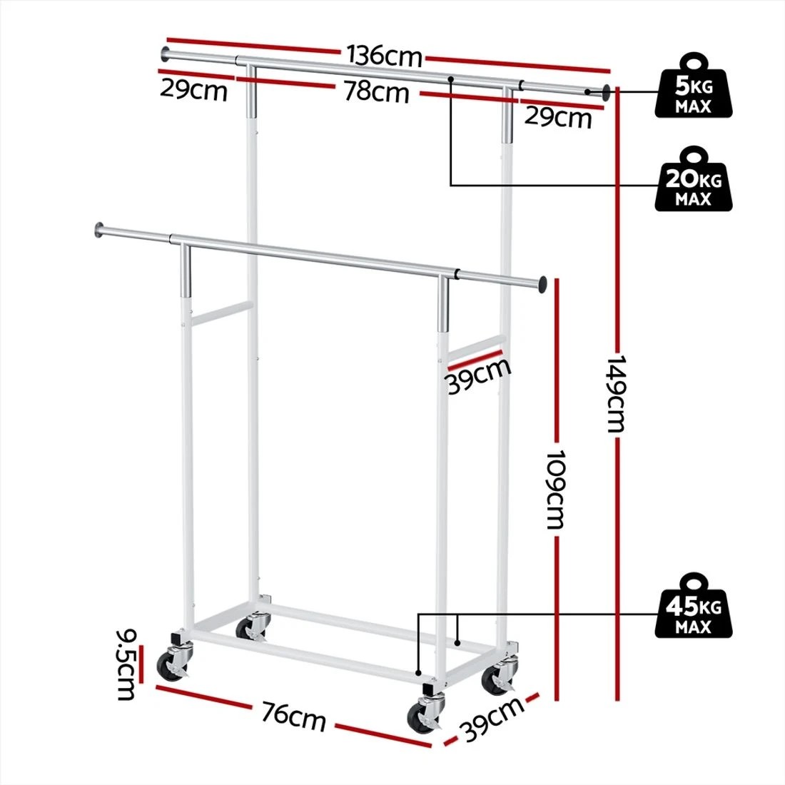 2 Artiss Clothes Rack Double Rod Airer Rail Coat Stand Adjustable Hanger Garment Rack Portable Heavy Duty Wheels - White, 2 of 7