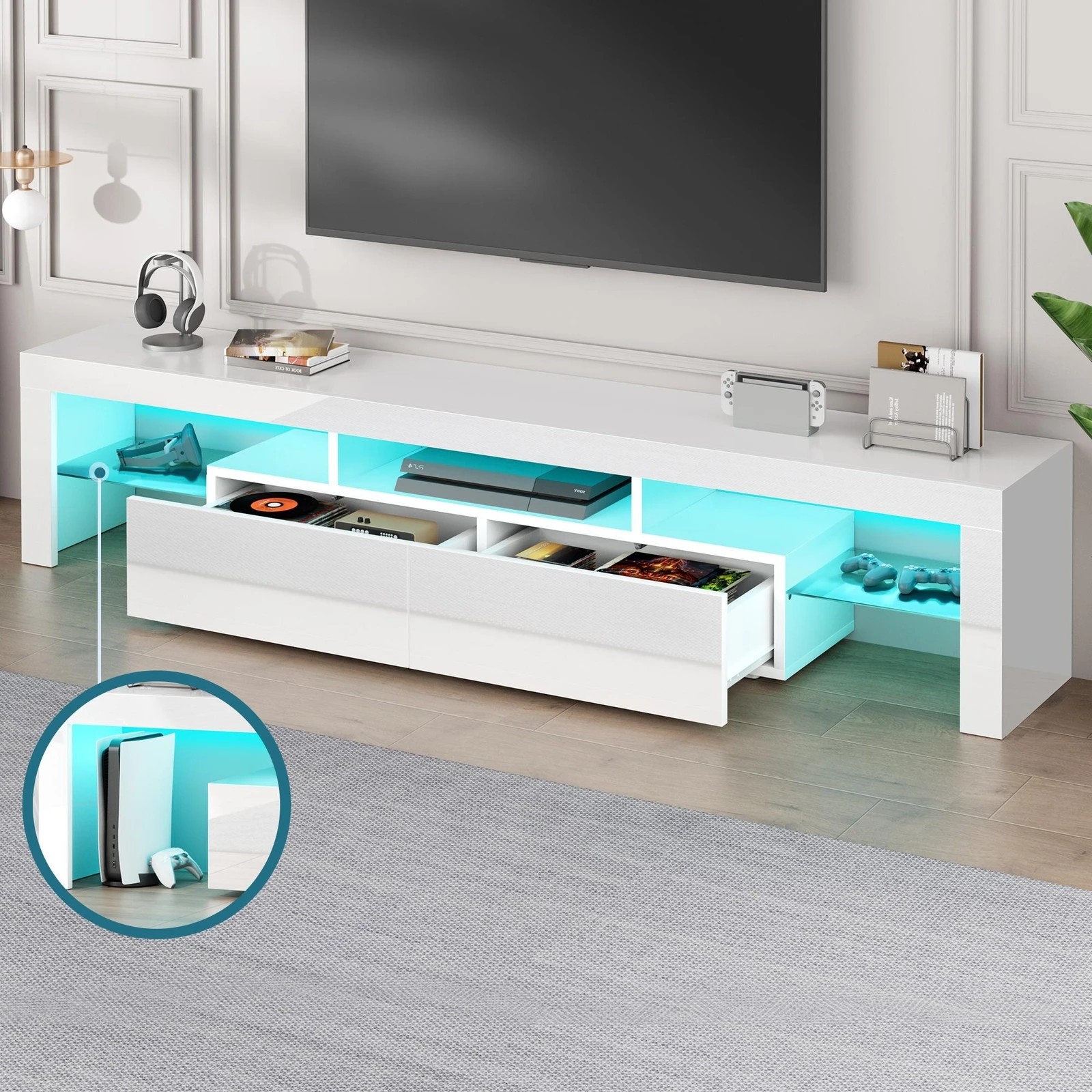 7 Alfordson Entertainment Unit 180cm TV Stand LED Light Storage Gloss - White, 7 of 10