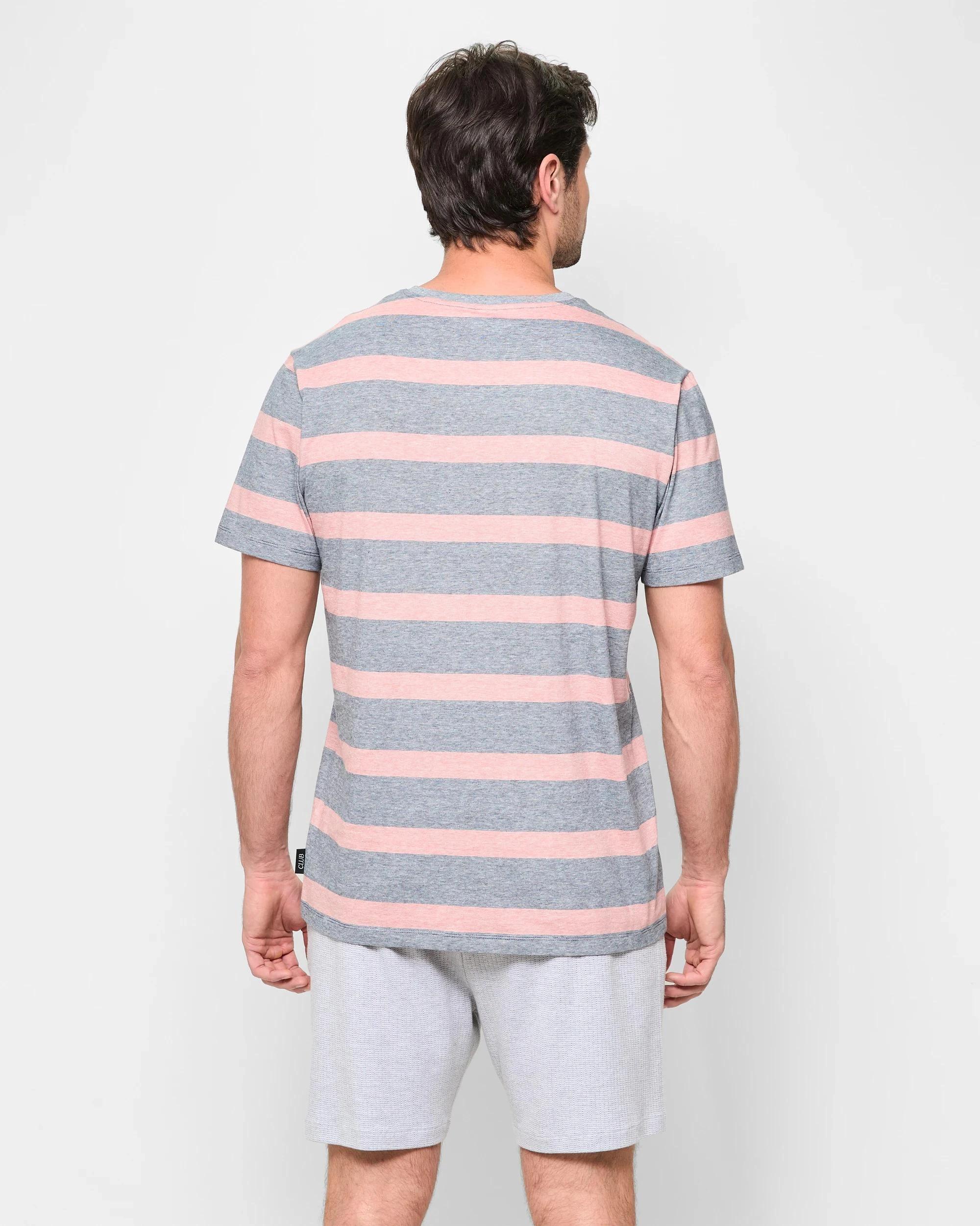 4 Mens Australian Cotton Stripe Sleep T-Shirt - Maxx BRICK RED/NAVY STRIPE, 4 of 5