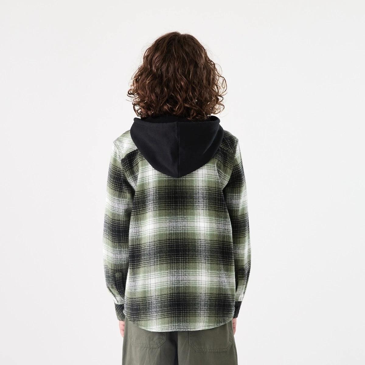 3 Long Sleeve Hooded Flannel Shirt Grn Check, 3 of 8