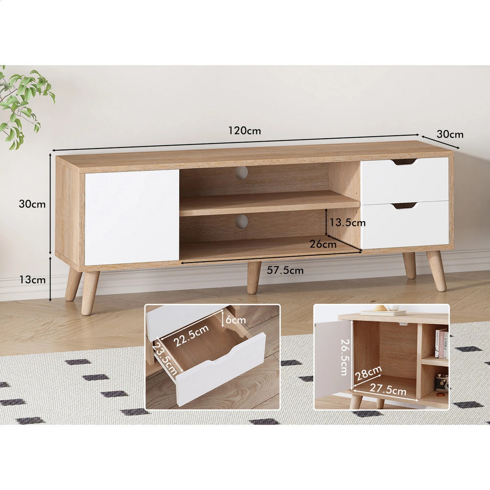 6 Alfordson Entertainment Unit 120cm TV Cabinet Stand Storage Drawer - Oak, 6 of 8