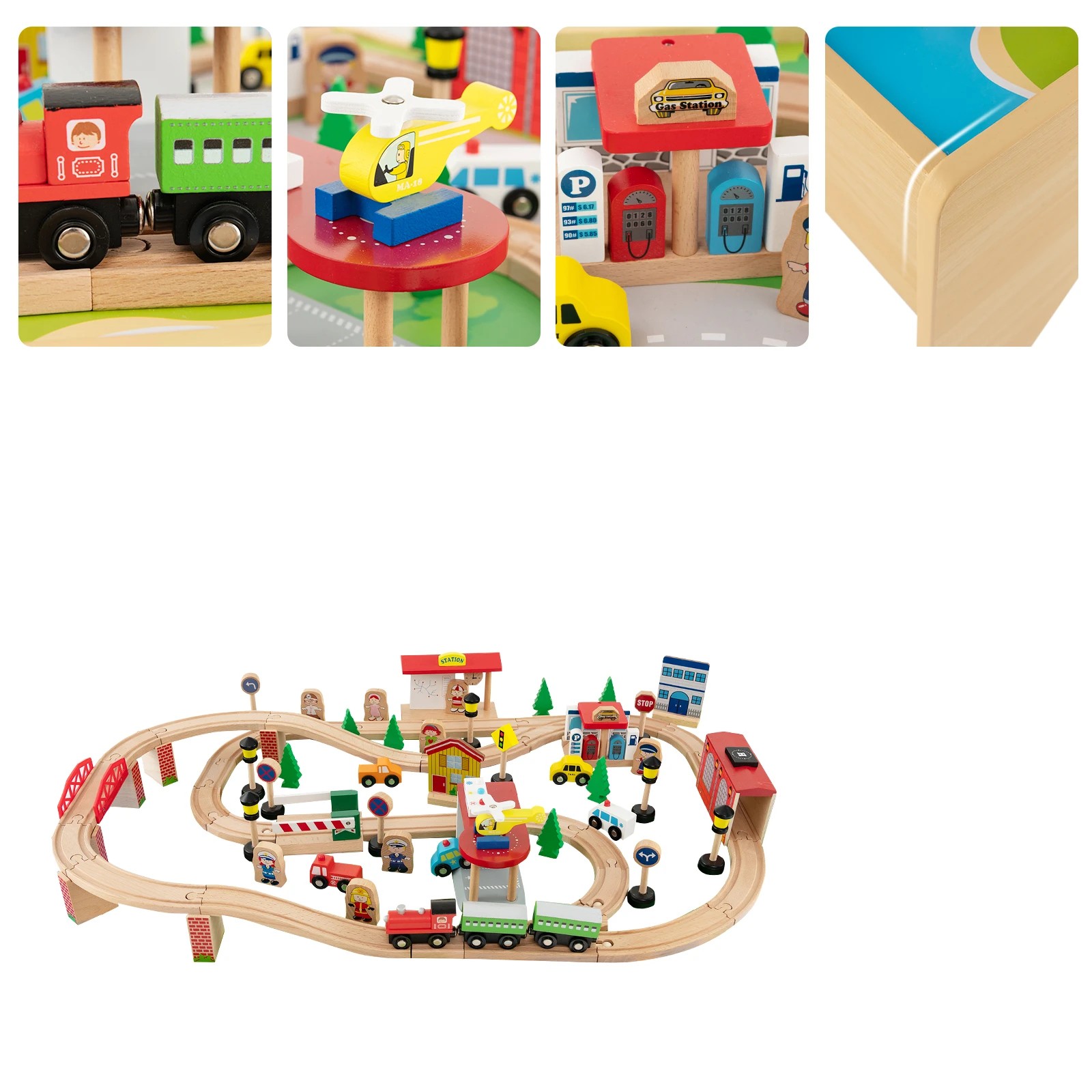 3 Costway 84Pcs Wood Train Set Table Model Train Track Set, 3 of 6