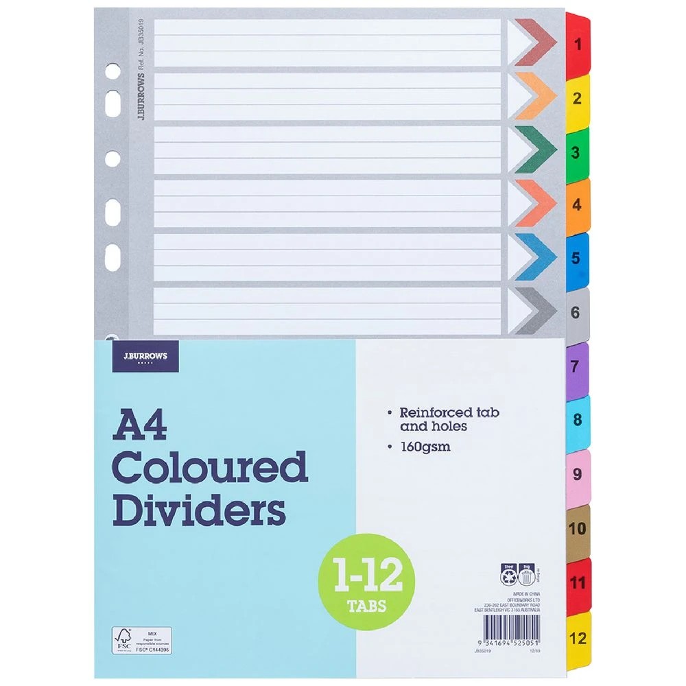 1 J.Burrows A4 Tab Dividers Paper Coloured 1-12 Tabs, 1 of 3
