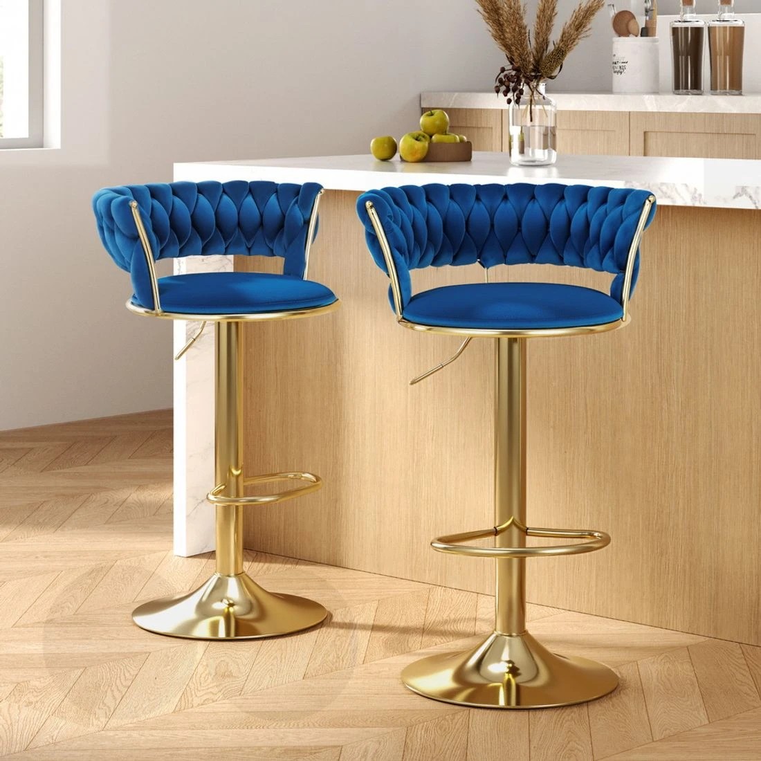 3 Artiss 2x Bar Stools Gas Lift Velvet Woven Backrest Navy - Blue, 3 of 5