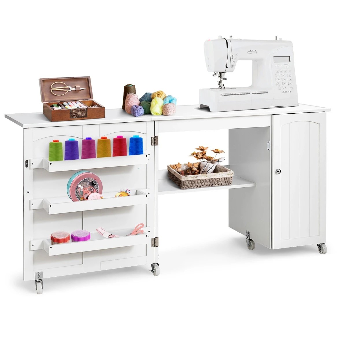 5 Costway Foldable Large Sewing Table Rolling Drop Leaf Craft Table w/Bins, 5 of 5