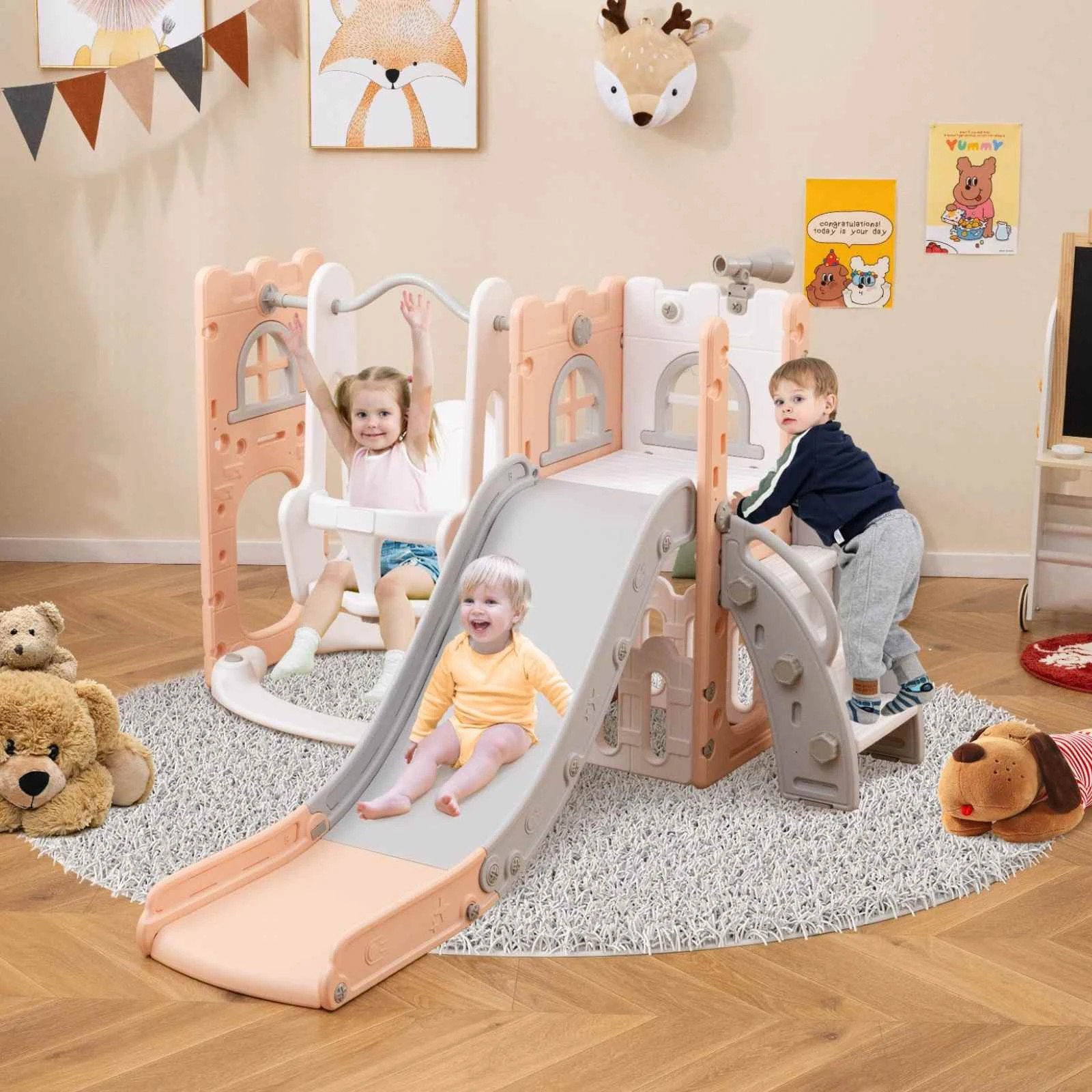 3 Costway 7-in-1 Kids Swing & Slide Set w/Water Sand Filled Base - Pink, 3 of 3