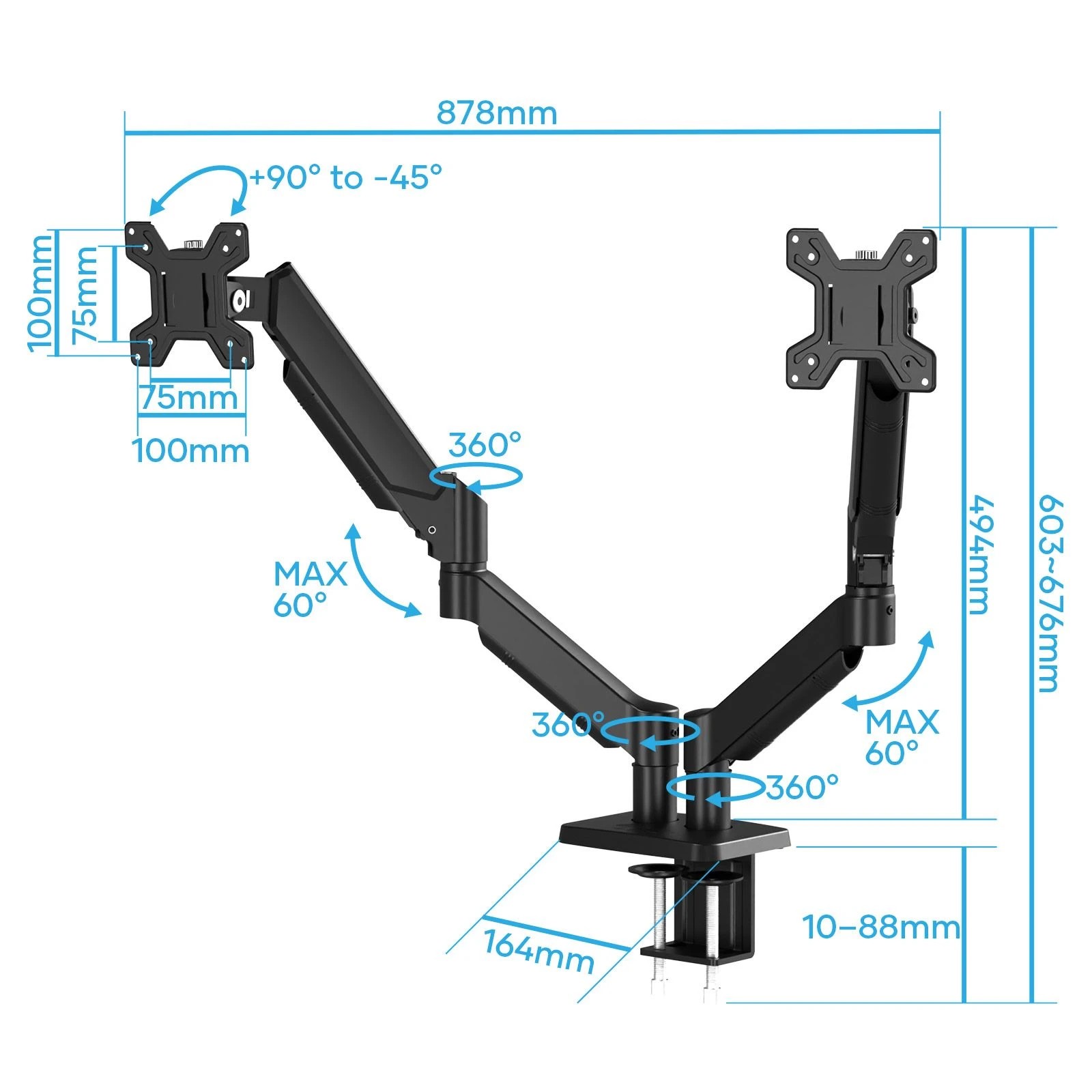 2 Ausway Dual Monitor Stand, Full Adjustable Arm Desk Mount for 17-32 Inch Computer Screens, VESA 75/100mm, 2 of 6