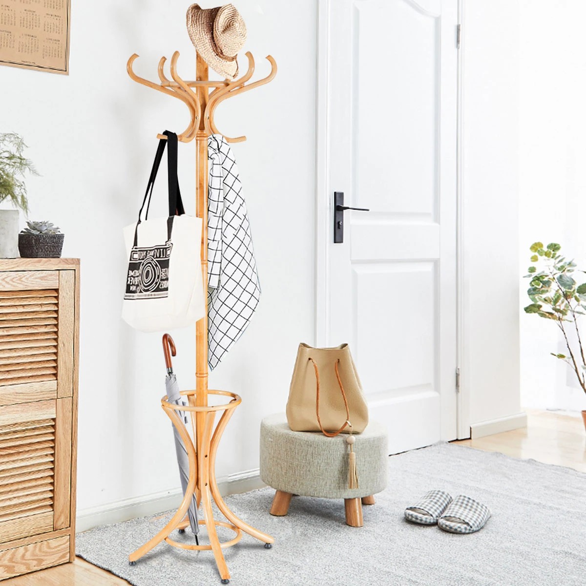 3 Costway 12 Hook Wood Coat & Hat Rack Clothes Stand Storage Tree Shelf - Brown, 3 of 3