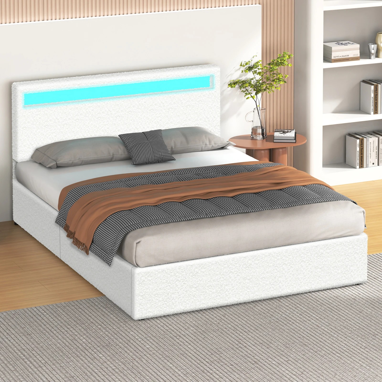 6 Alfordson Bed Frame Double Size RGB LED Gas Lift Storage Base Boucle Luchino - White, 6 of 10