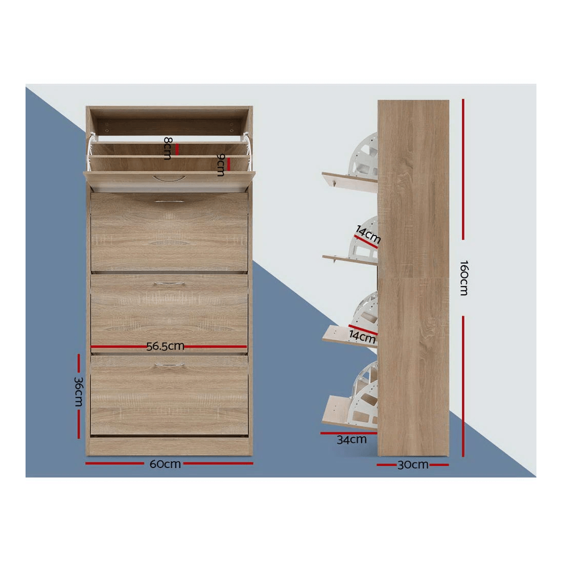 3 Artiss Shoe Rack Cabinet 60 Pairs 4 Doors - Wood - Natural, 3 of 3