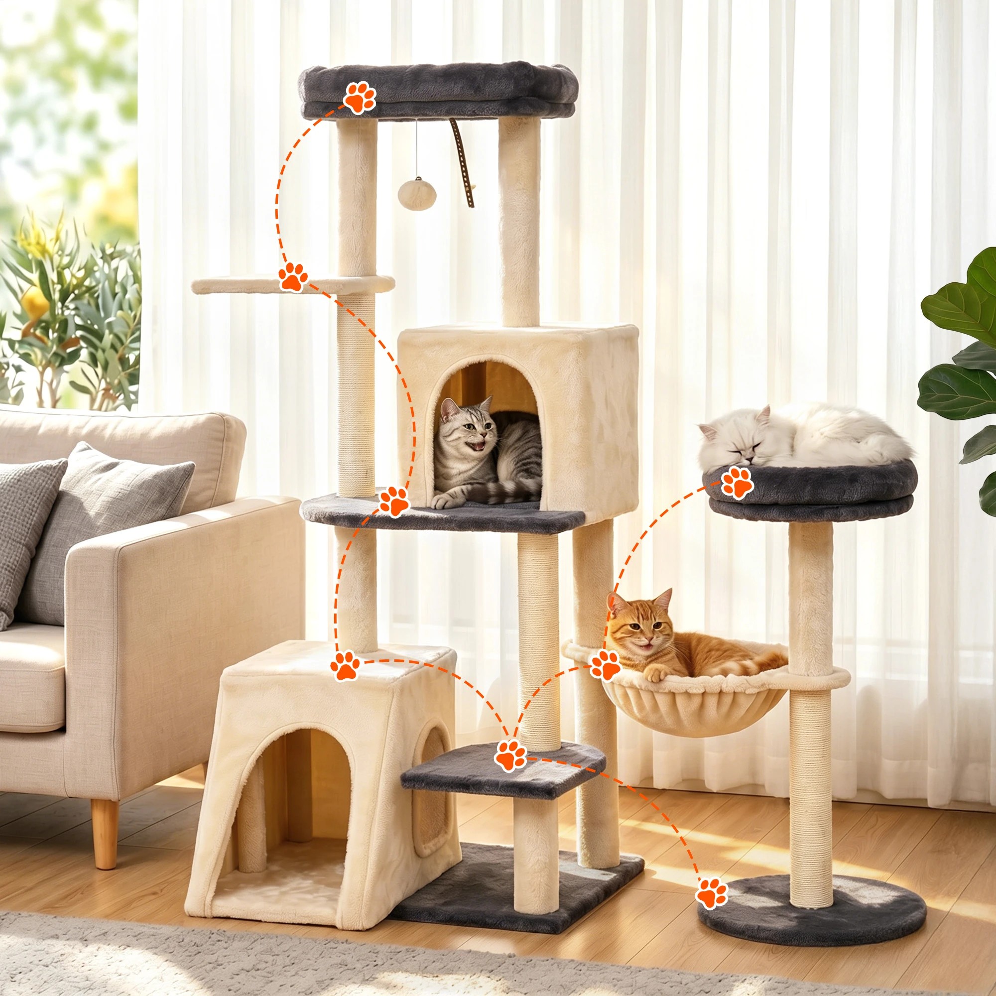 4 i.Pet Cat Tree Tower 133cm Rotatable L-Shape Design Scratching Post Furniture House - Multi, 4 of 10